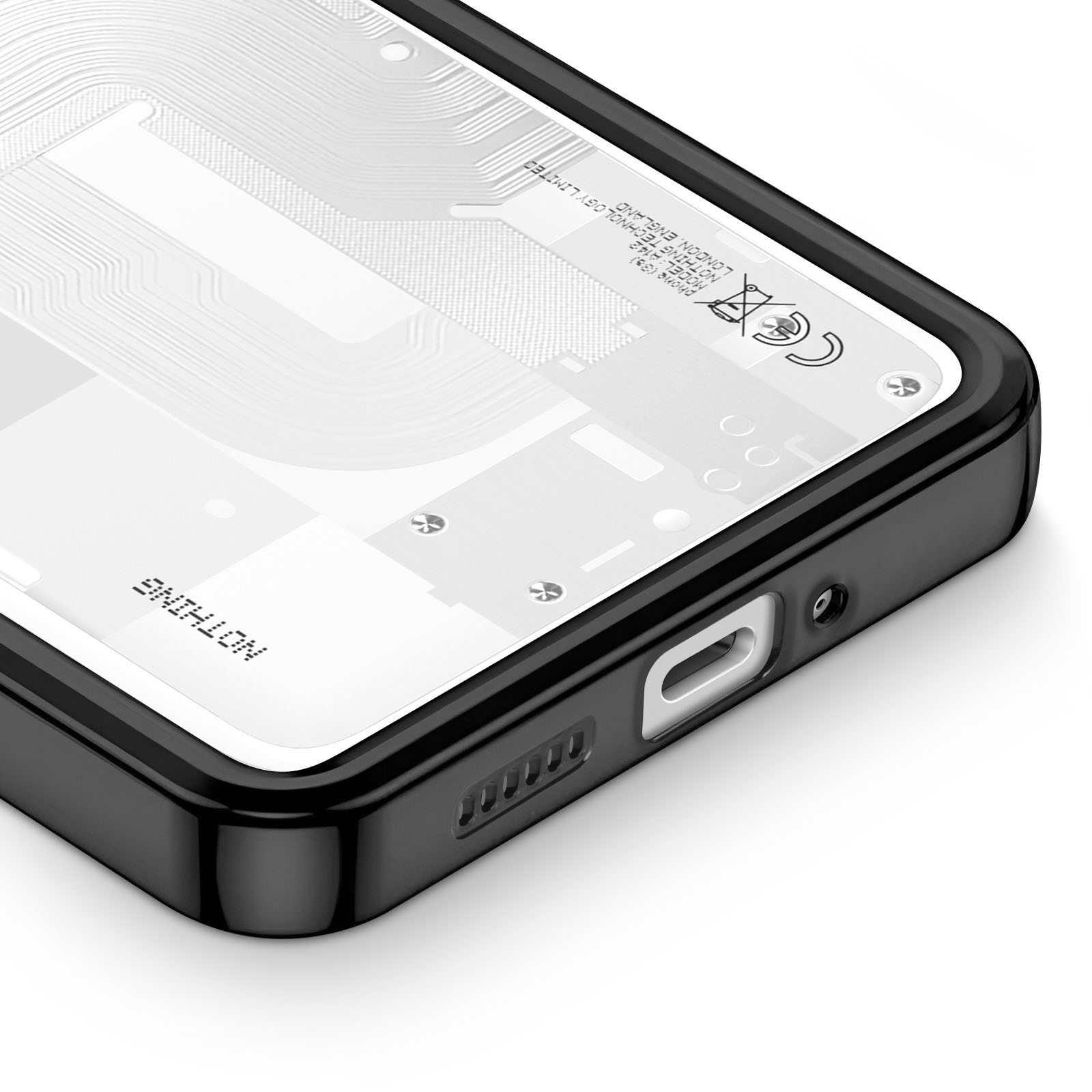 Gros plan d'une coque de téléphone, montrant l'arrière, avec l'intérieur du téléphone visible.