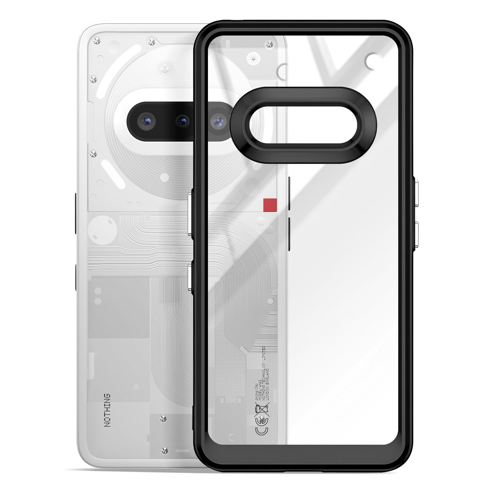 Coque de téléphone avec cadre noir, montrant l'arrière et l'intérieur du téléphone.