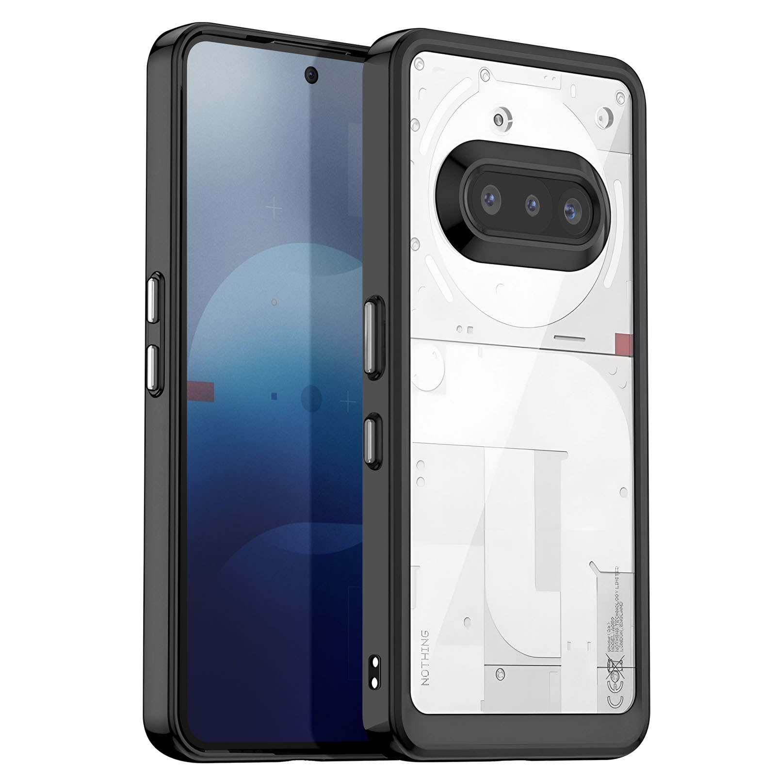 Un téléphone noir avec une coque de protection. L'arrière est visible.
