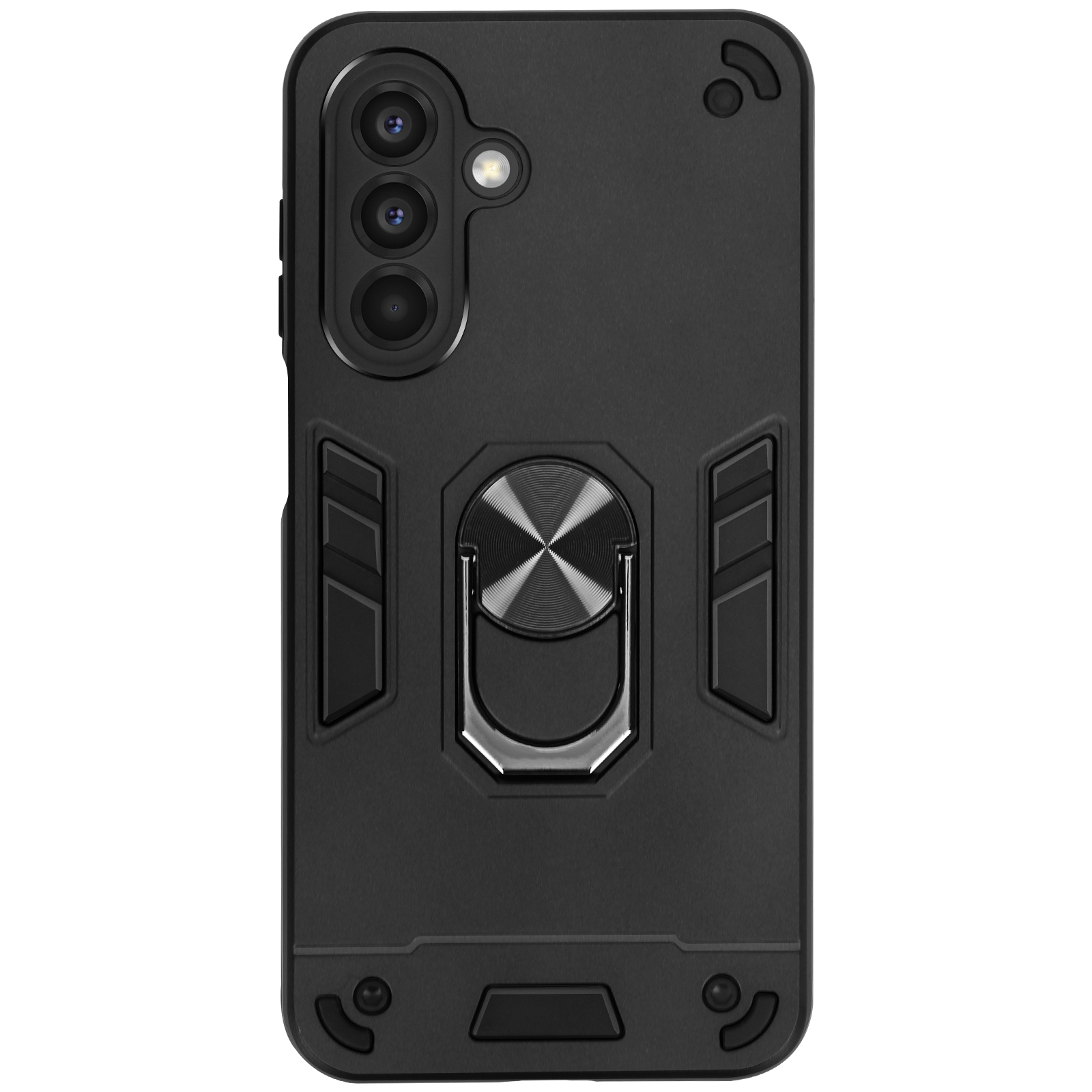 Una custodia per telefono nera con un supporto ad anello e tre fotocamere.