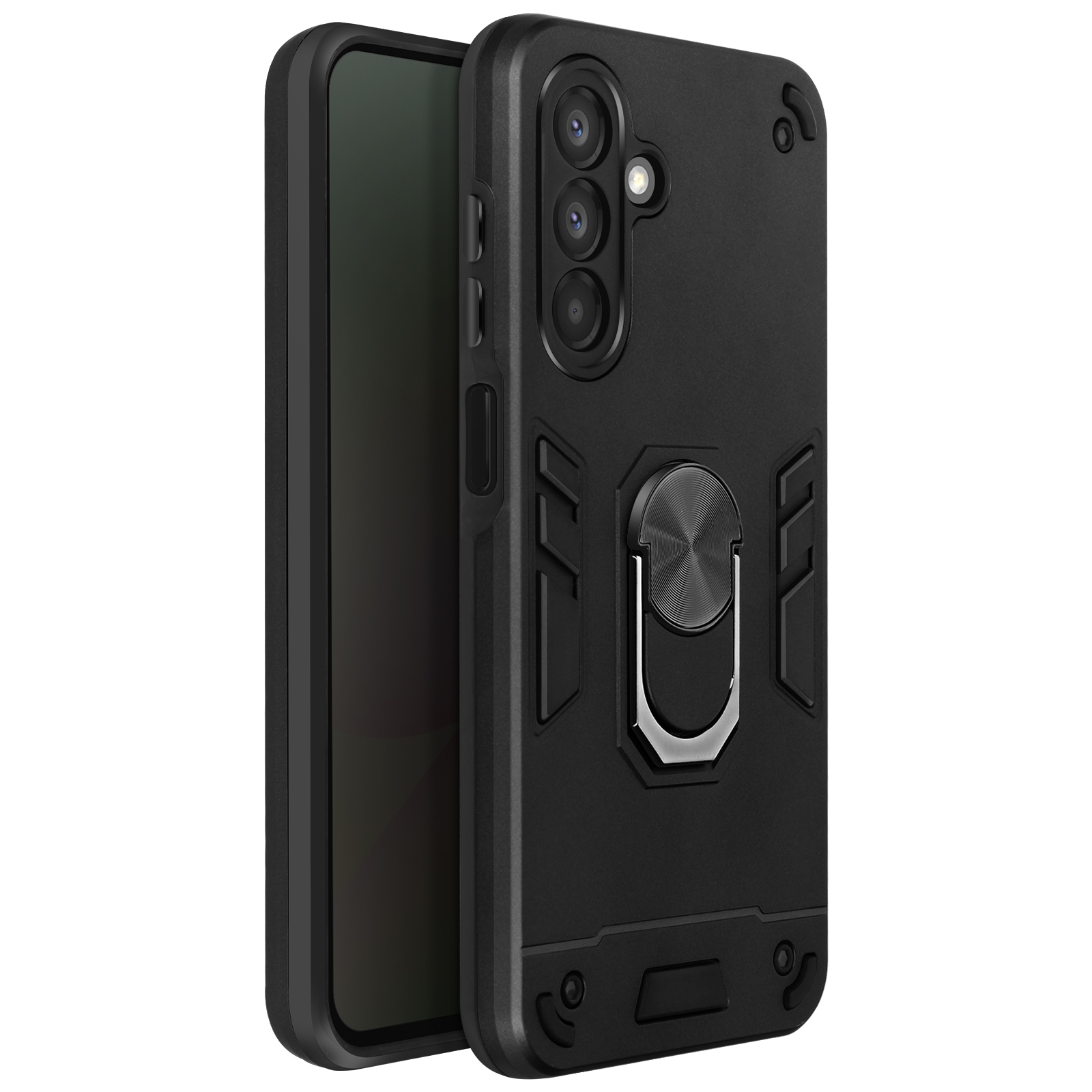 Custodia per telefono nera con supporto ad anello argentato e tre obiettivi della fotocamera. Schermo visibile.