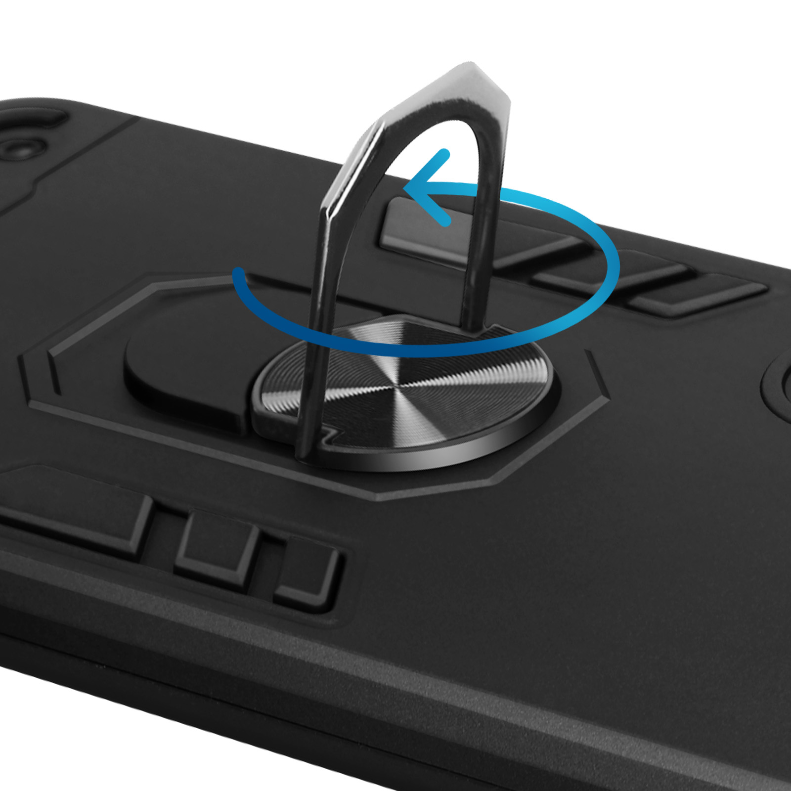 Custodia nera per telefono con supporto ad anello, primo piano, freccia blu indica il movimento.