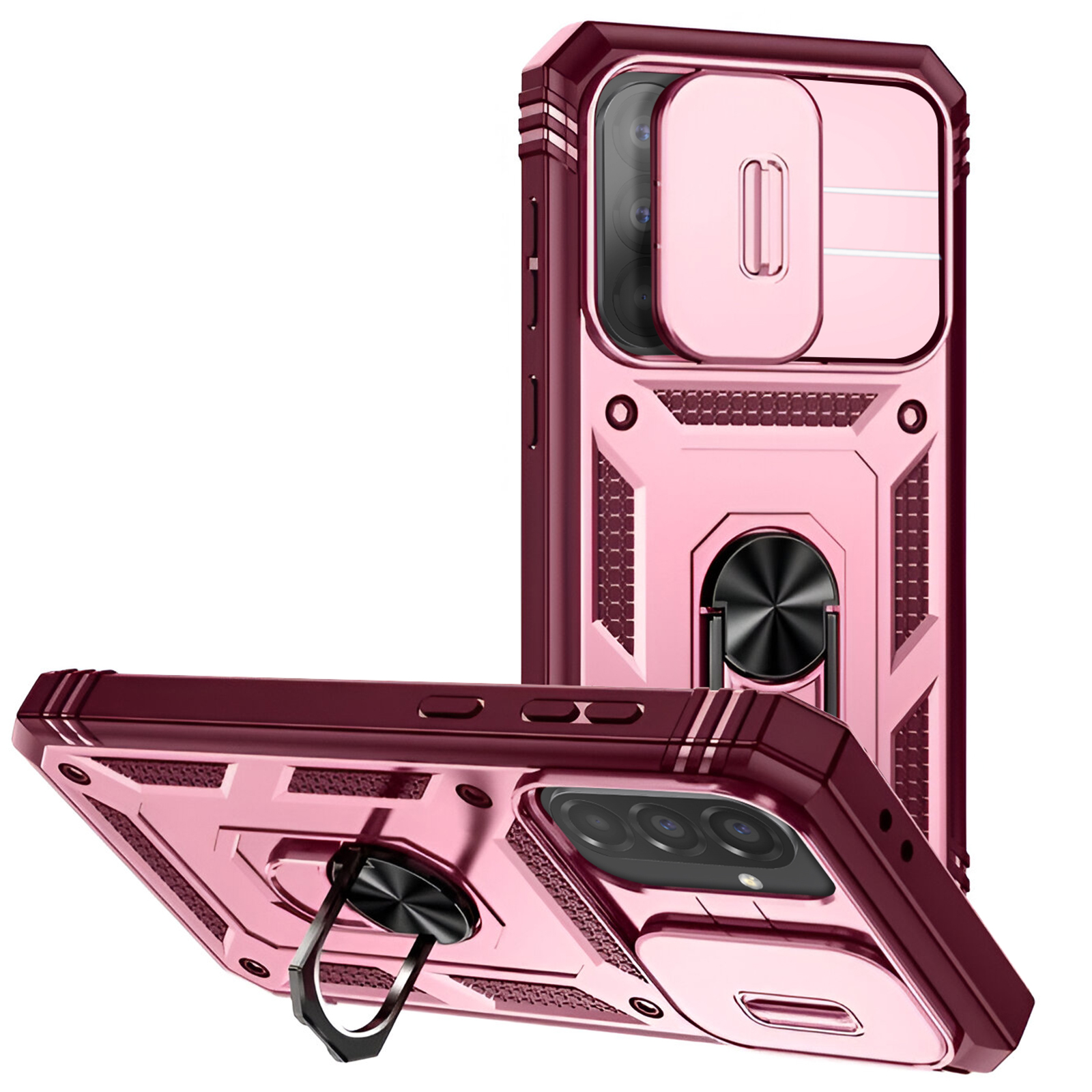 Custodia rosa con copertura fotocamera scorrevole e supporto ad anello. Due telefoni presenti.