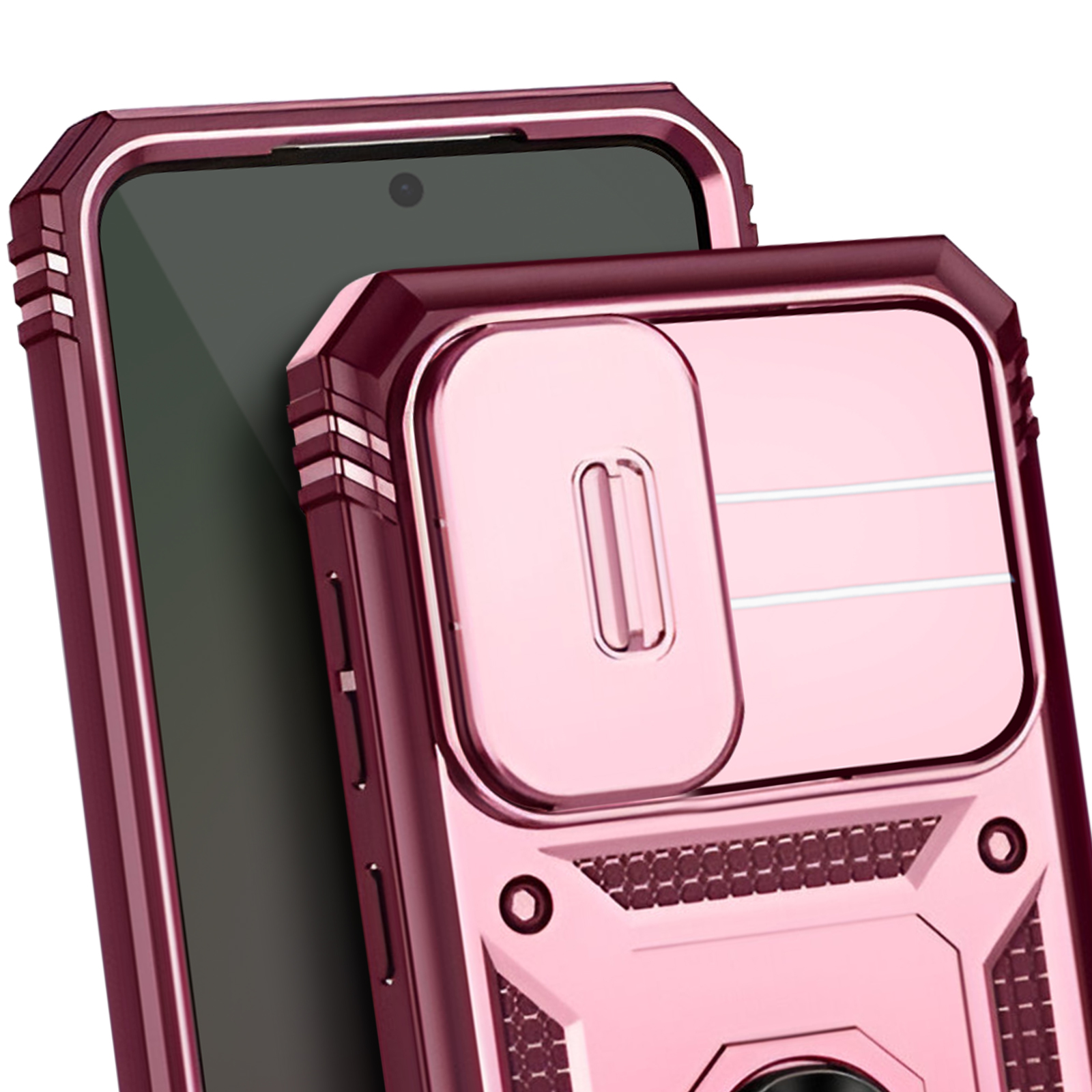 Custodia rosa per telefono con copertura scorrevole per fotocamera. Schermo visibile.