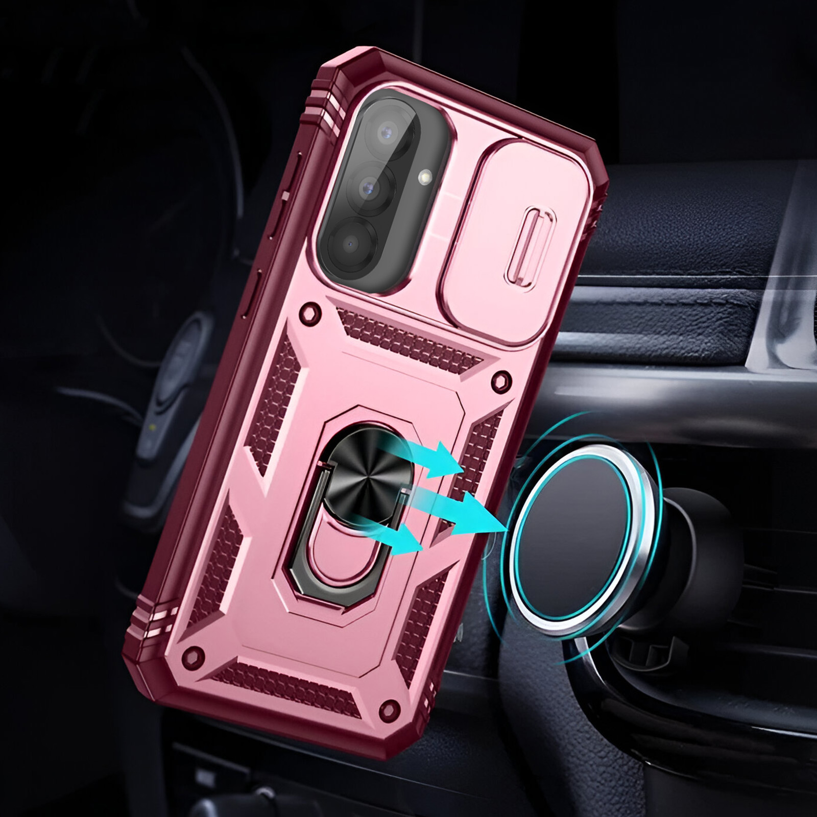 Custodia rosa per telefono con supporto ad anello. Frecce mostrano fissaggio magnetico alla ventilazione.
