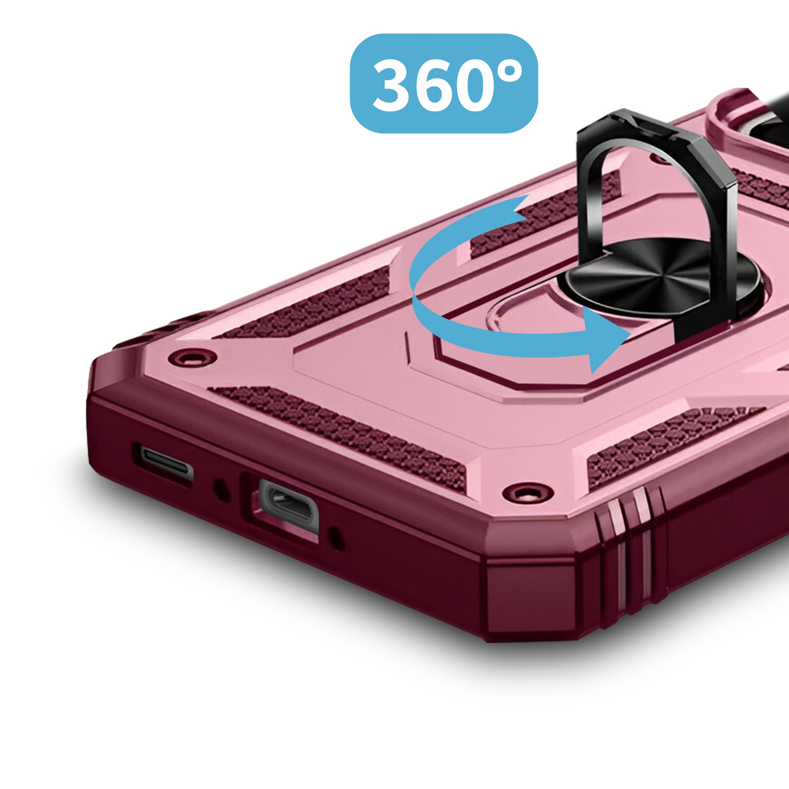 Custodia rosa con supporto ad anello. Simbolo 360° e freccia blu indicano la rotazione.