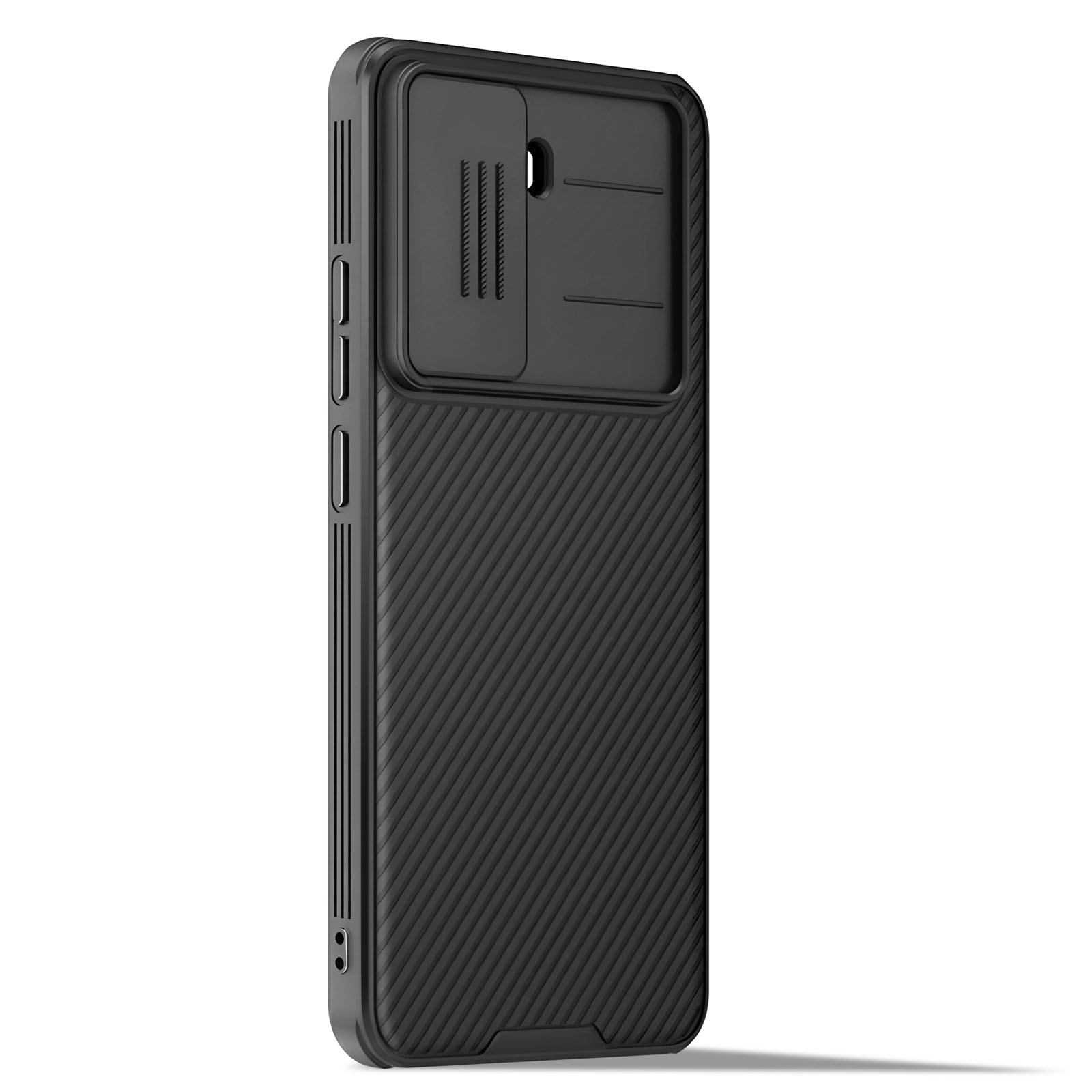 Una custodia per telefono nera. Ha una copertura per la fotocamera e pulsanti laterali.