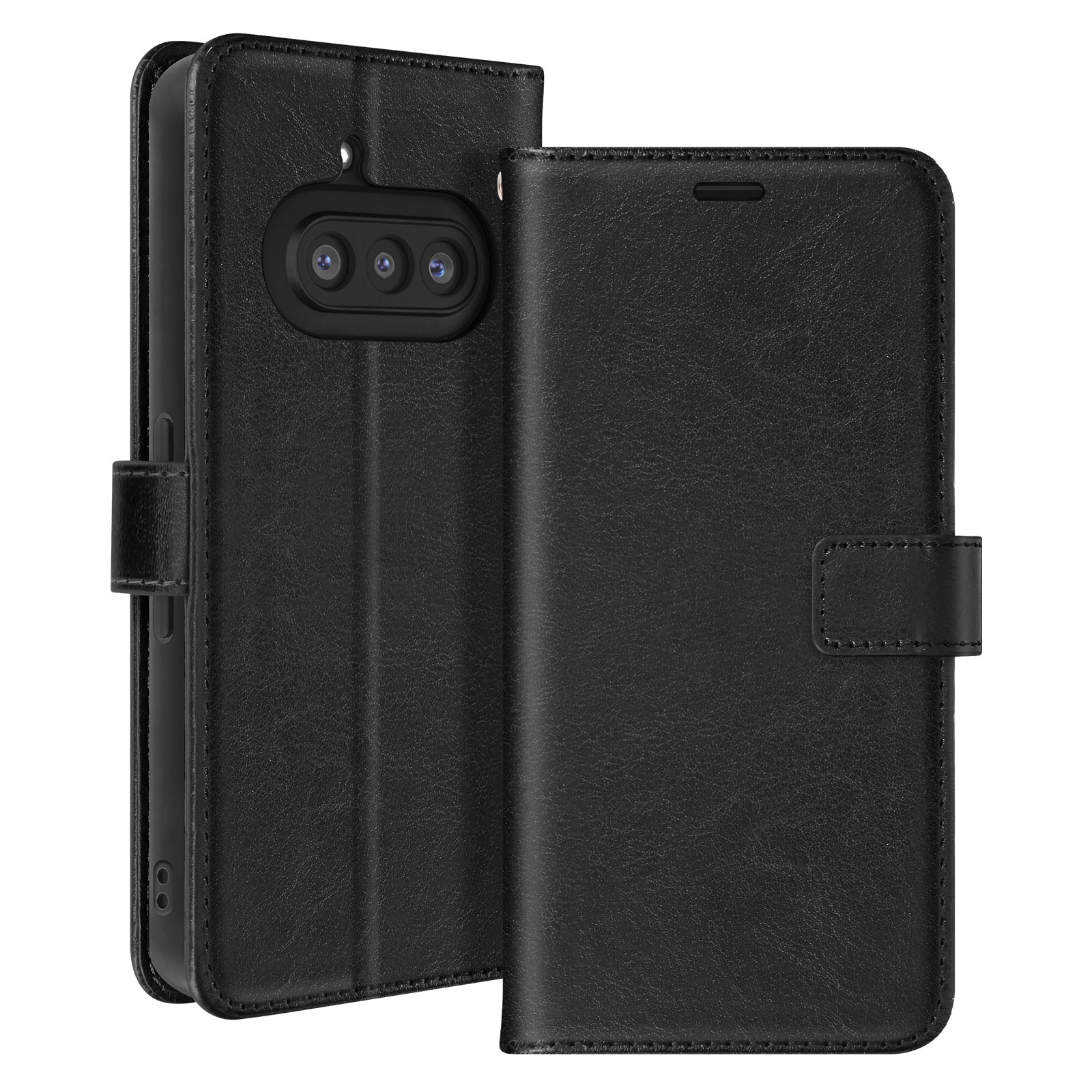 Una custodia nera per telefono è aperta, rivelando un telefono. La custodia è in similpelle nera con chiusura magnetica.