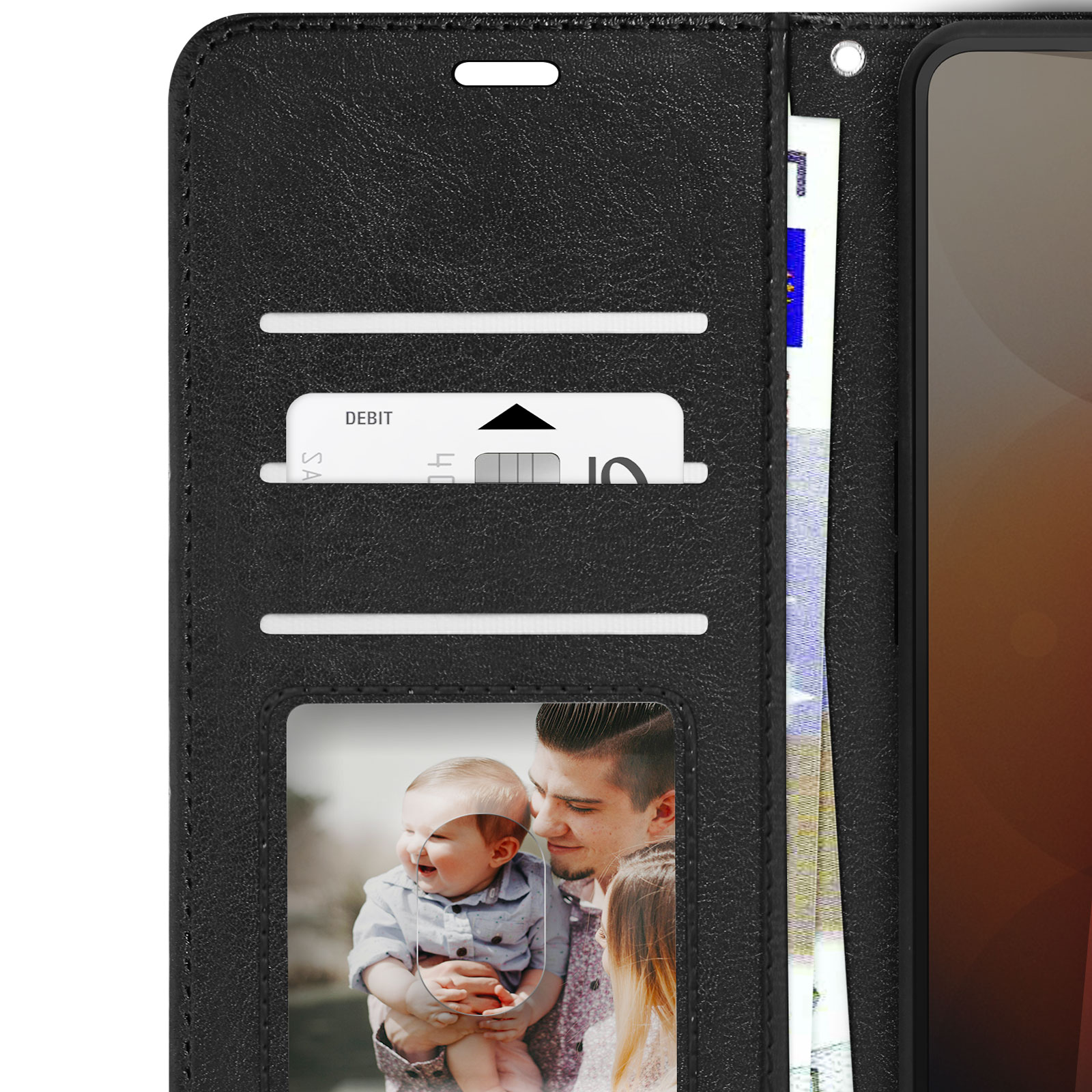 Custodia nera per telefono con funzione portafoglio. All'interno: carta, soldi e foto di un bambino con i genitori.