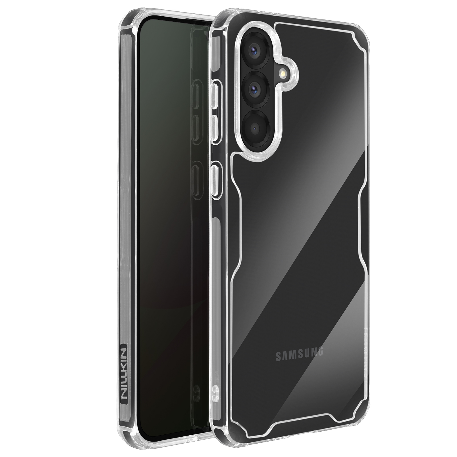 Custodia trasparente con bordo bianco e logo Samsung. Tre fotocamere sono visibili.
