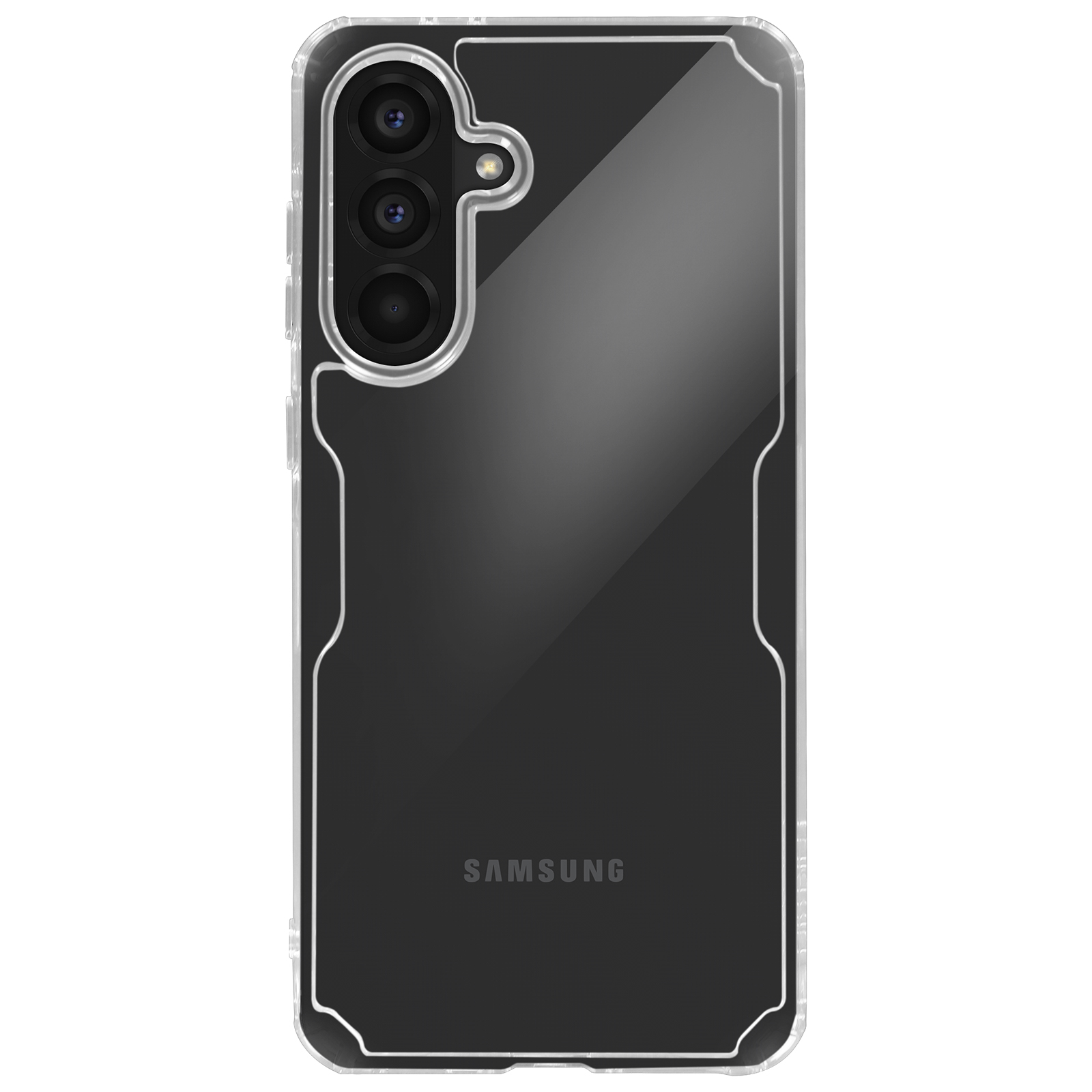 Custodia trasparente con bordo bianco, logo Samsung. Tre fotocamere visibili.