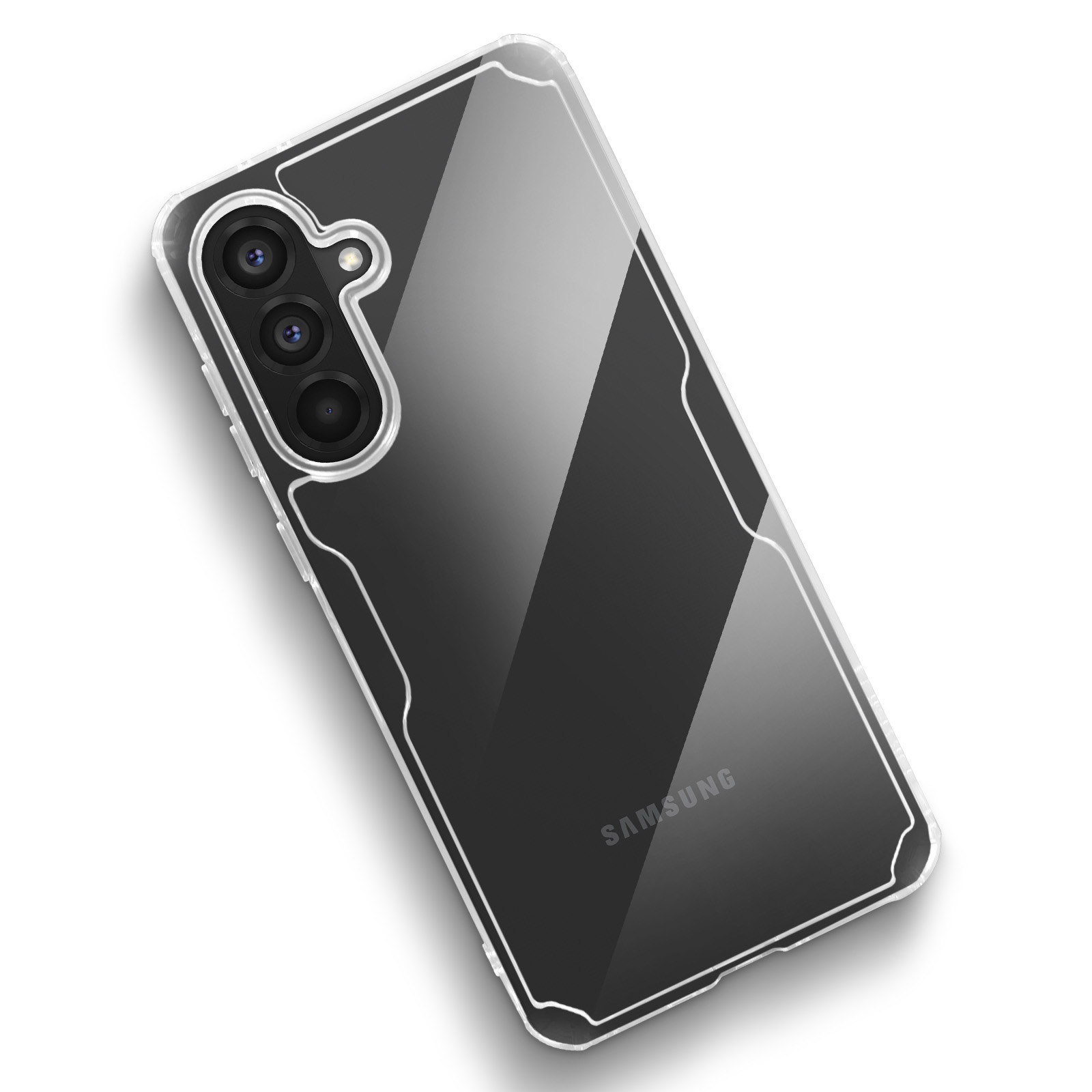 Custodia trasparente con bordo bianco, logo Samsung. Tre fotocamere visibili.