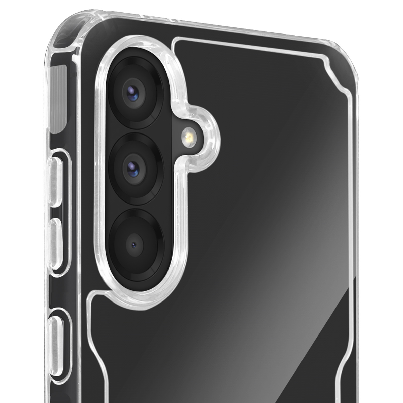 Primo piano di una custodia per telefono con tre lenti. Ha un bordo trasparente attorno all'area della fotocamera.