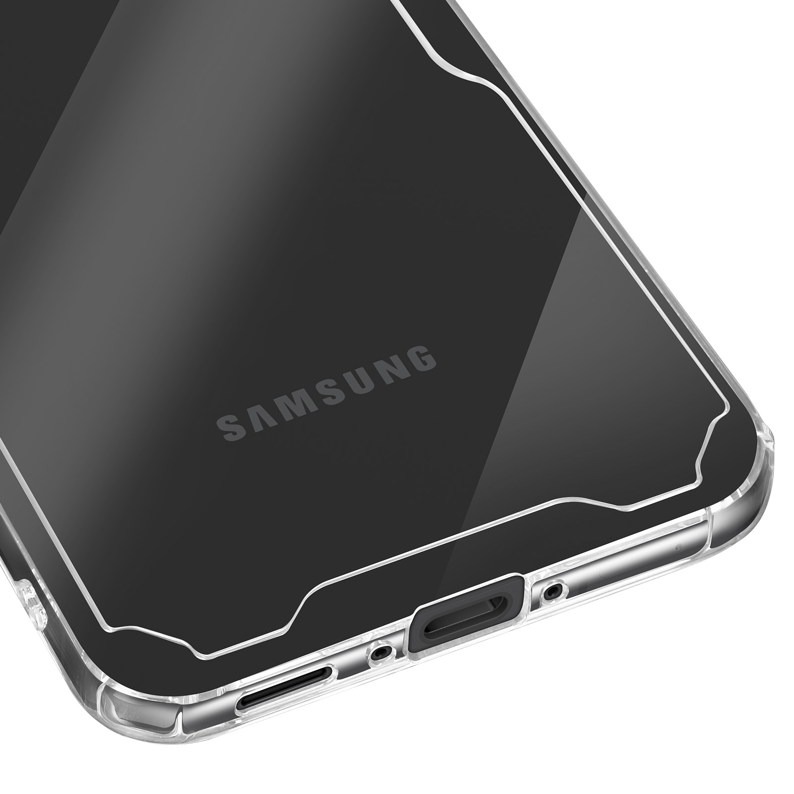Primo piano di una custodia trasparente per telefono con il logo Samsung. Il design è curvo e trasparente.