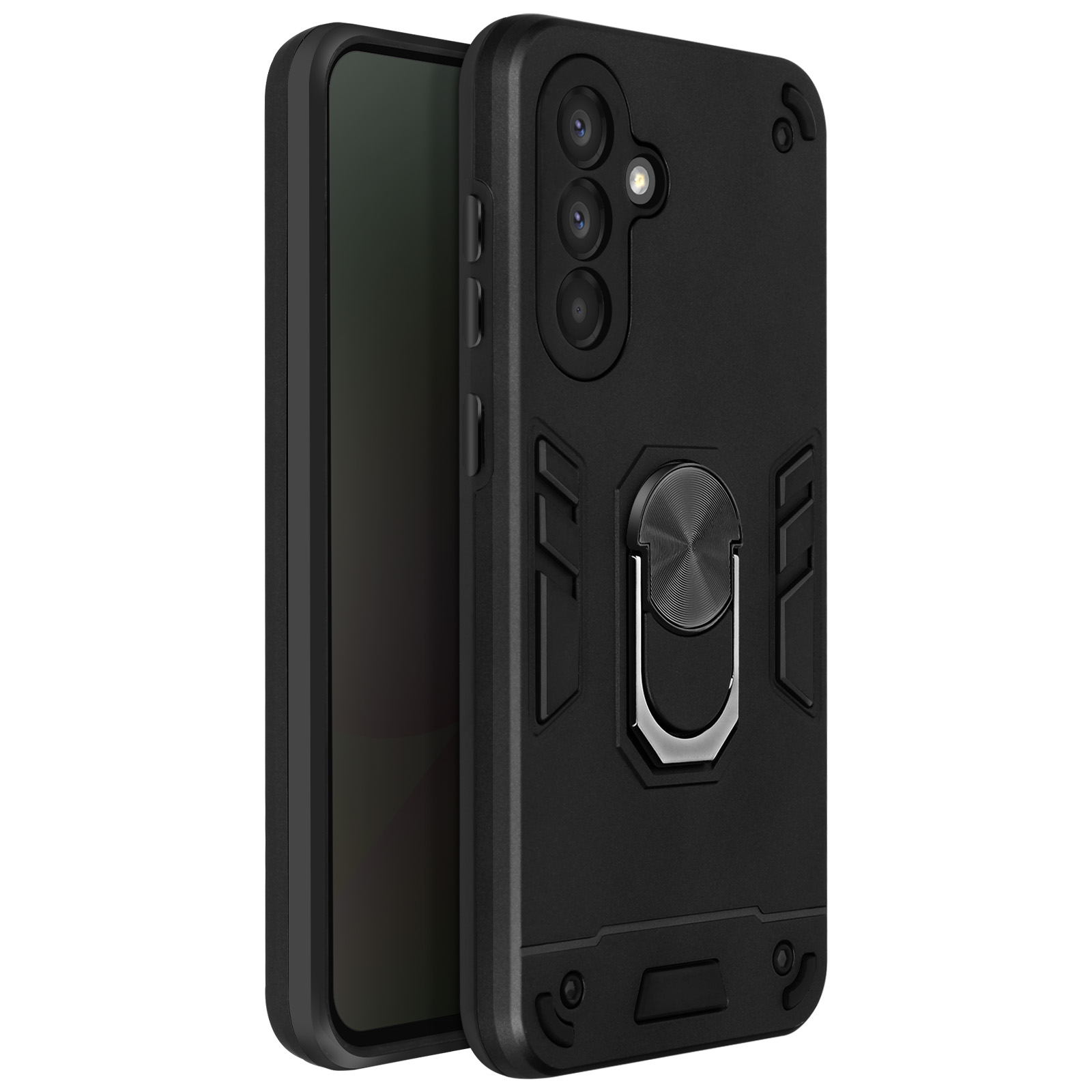 Una custodia nera per telefono con un supporto ad anello. La custodia ha un design strutturato. L'anello è argentato.