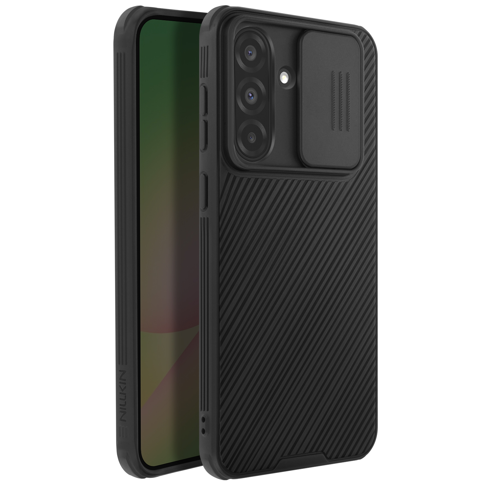 Schwarze Handyhülle mit Kameraabdeckung auf der Rückseite. Das Telefon hat eine Dreifachkamera.