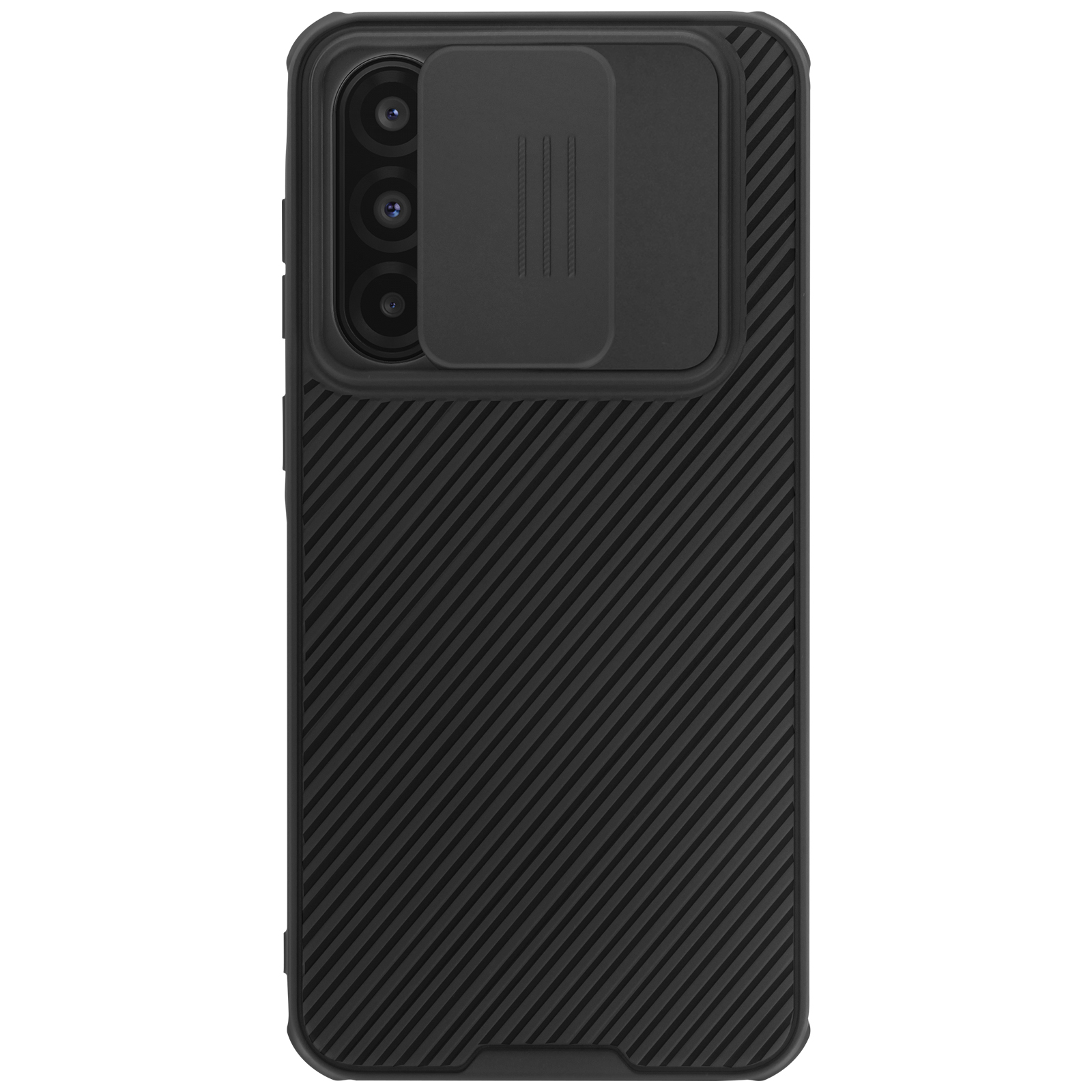 Schwarze Handyhülle mit Kameraabdeckung auf der Rückseite. Die Hülle hat ein strukturiertes Design und Dreifachkamera.