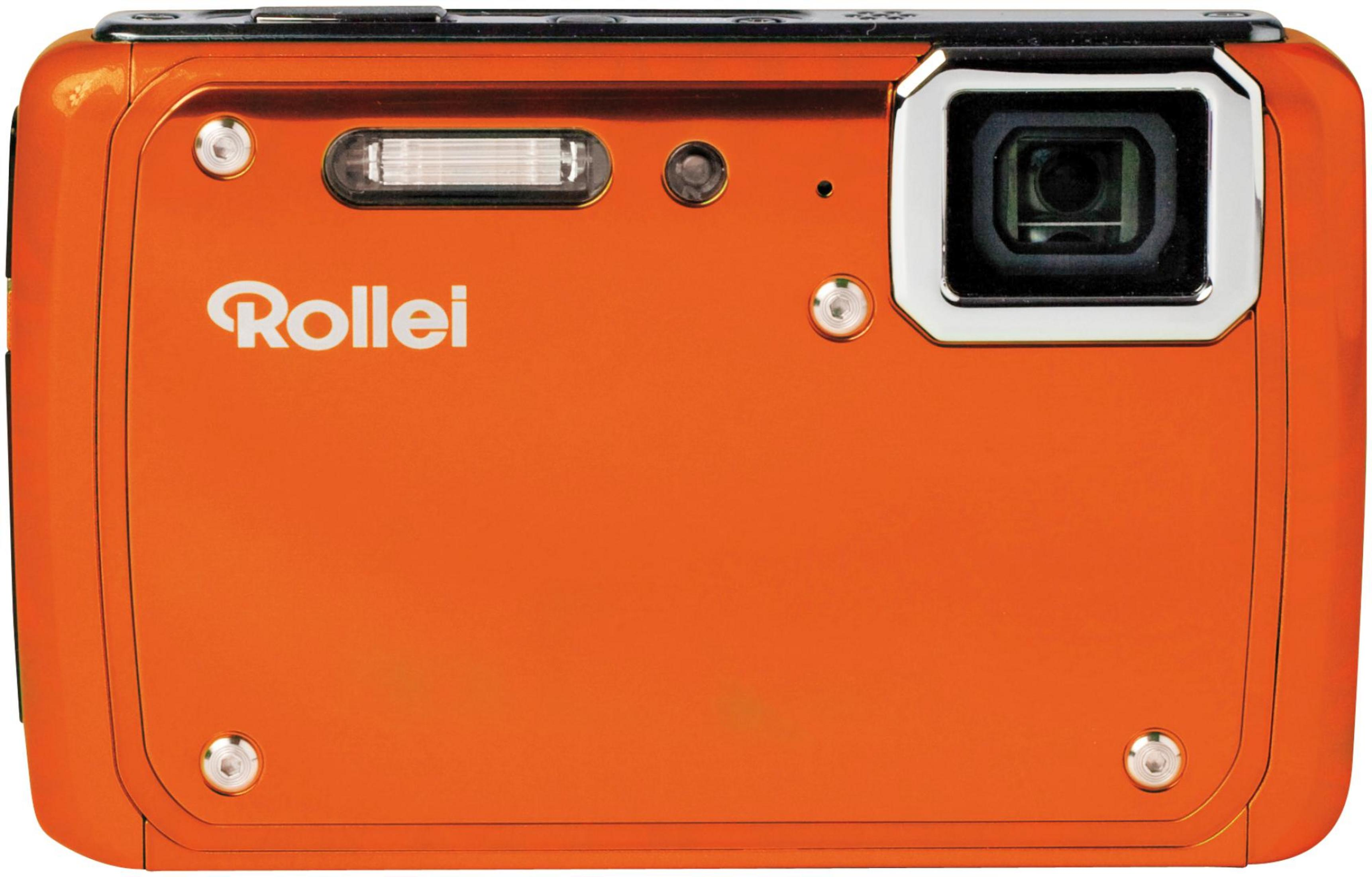 Appareil photo Rollei orange. Objectif noir. Flash et boutons en haut. Accents argentés.