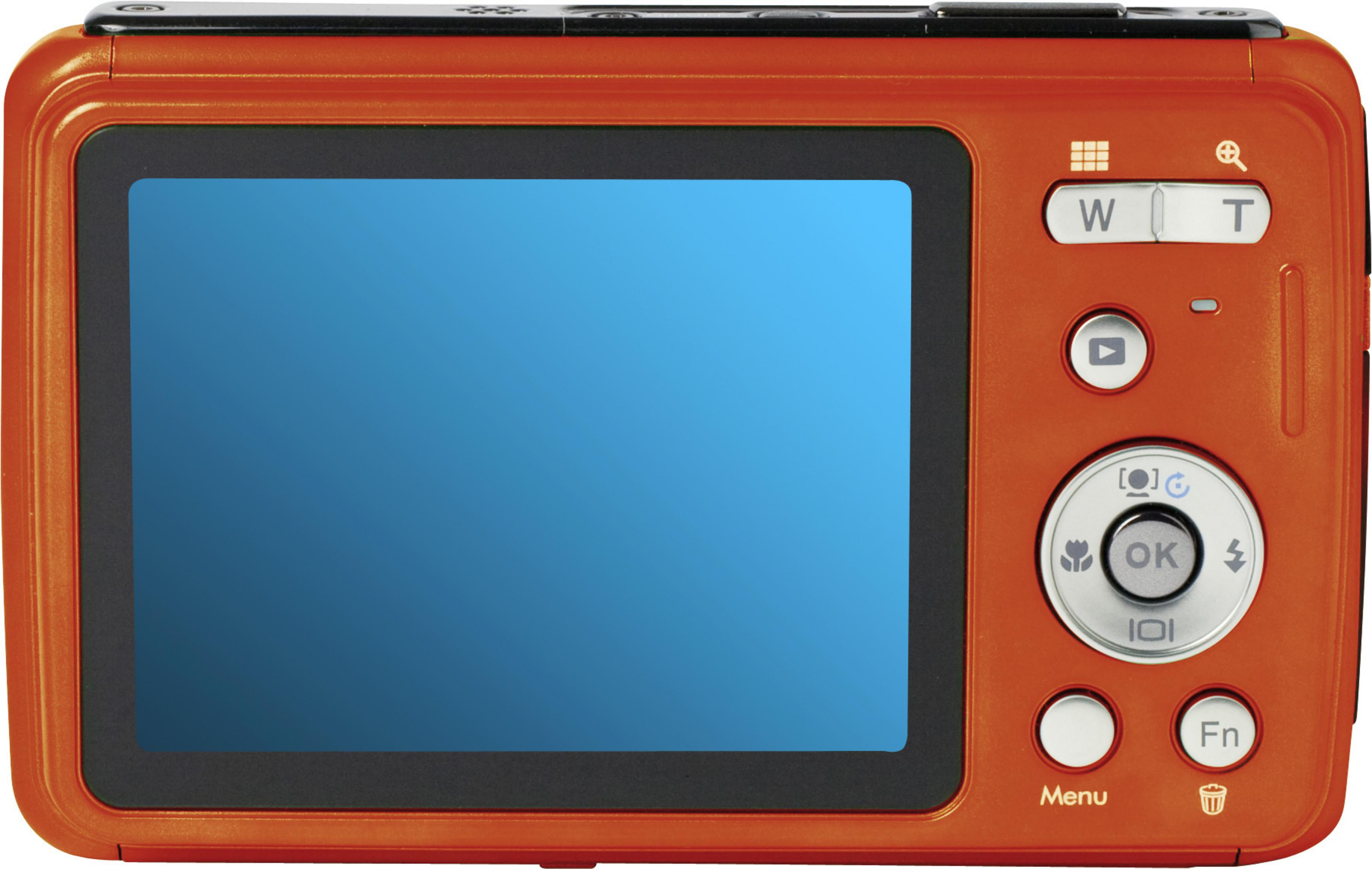 Dos d'appareil photo numérique orange avec écran, boutons. L'écran est bleu.
