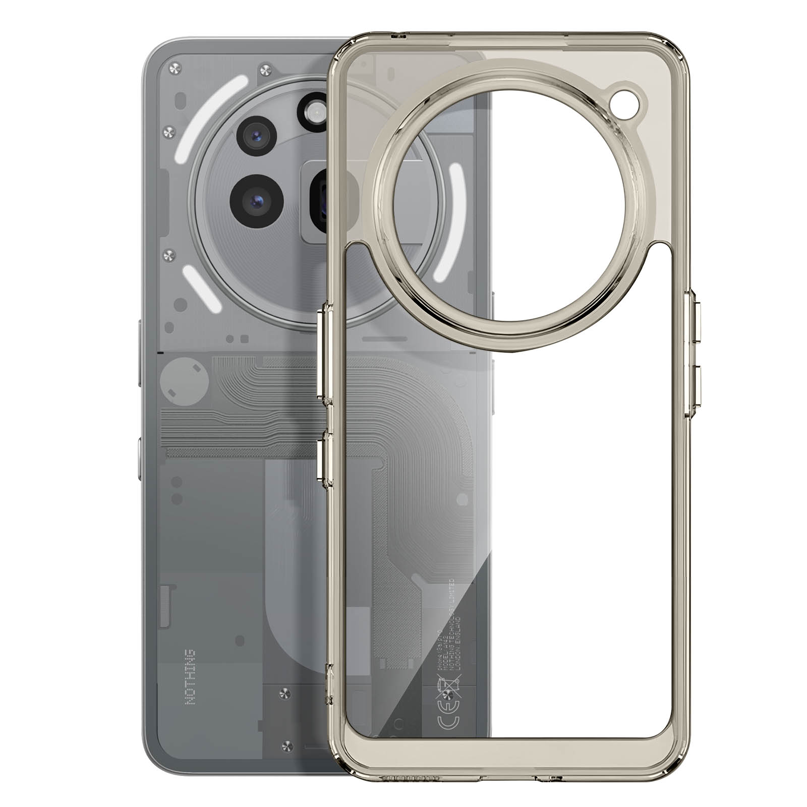 Nothing Phone hoesje. Transparante hoes met achterkant van de telefoon zichtbaar. Met cameralenzen.