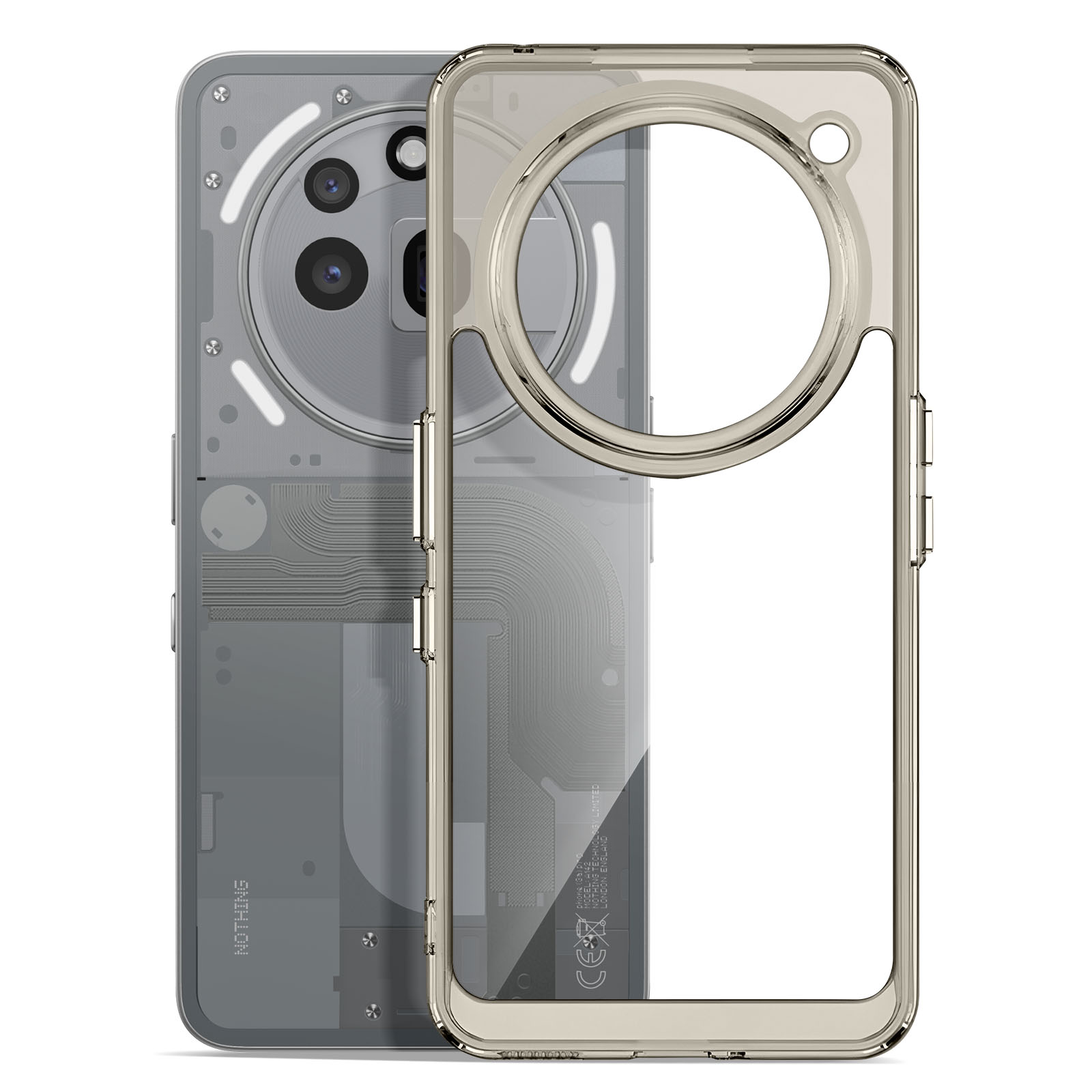 Nothing Phone hoesje. Transparante hoes met achterkant van de telefoon zichtbaar. Met cameralenzen.
