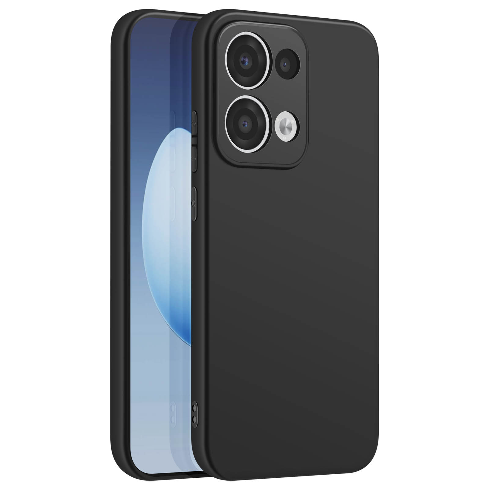 Custodia nera con lenti multiple della fotocamera visibili, posizionata sopra lo schermo di un telefono.