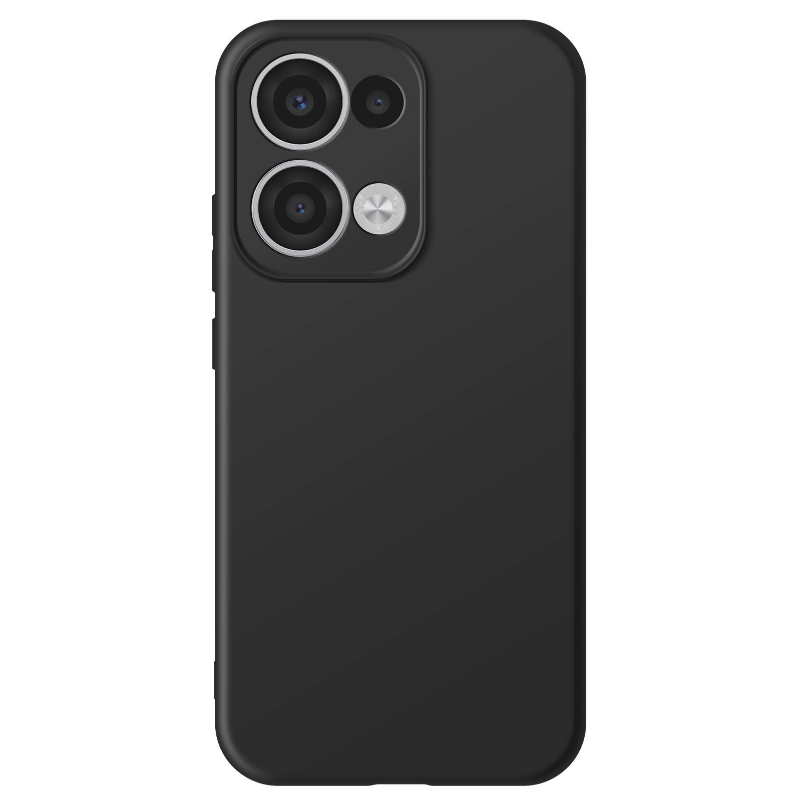 Custodia per telefono nera, che mostra il retro del telefono con le lenti della fotocamera.