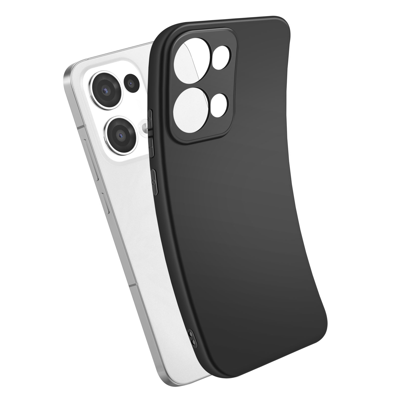 Custodia nera per telefono con più lenti della fotocamera sul retro. Un secondo telefono è visibile a sinistra.