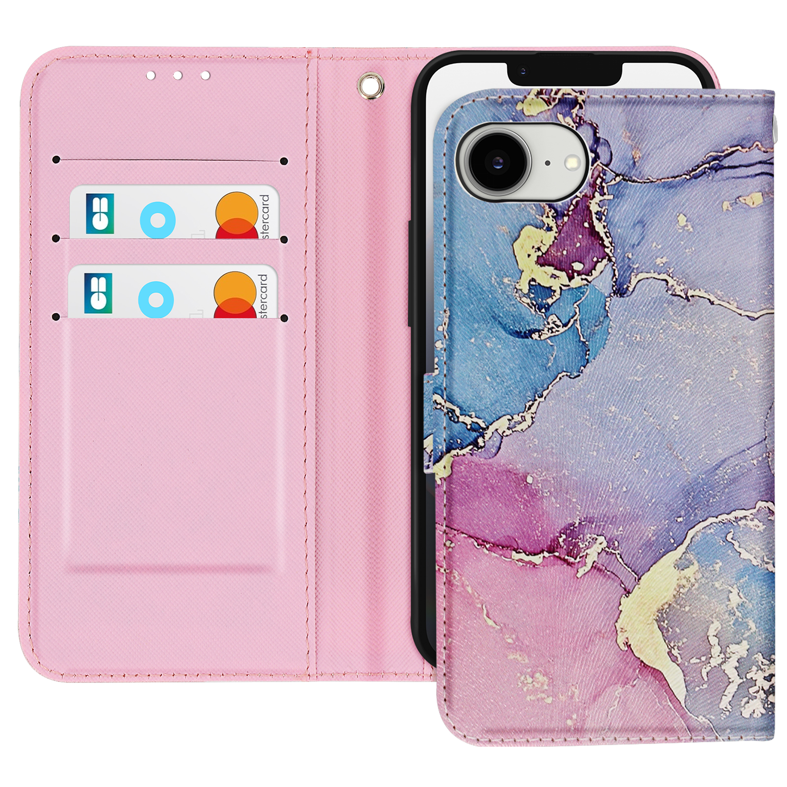 Custodia rosa per telefono, aperta, con due carte di credito visibili. Il telefono ha un design marmorizzato sullo schermo.