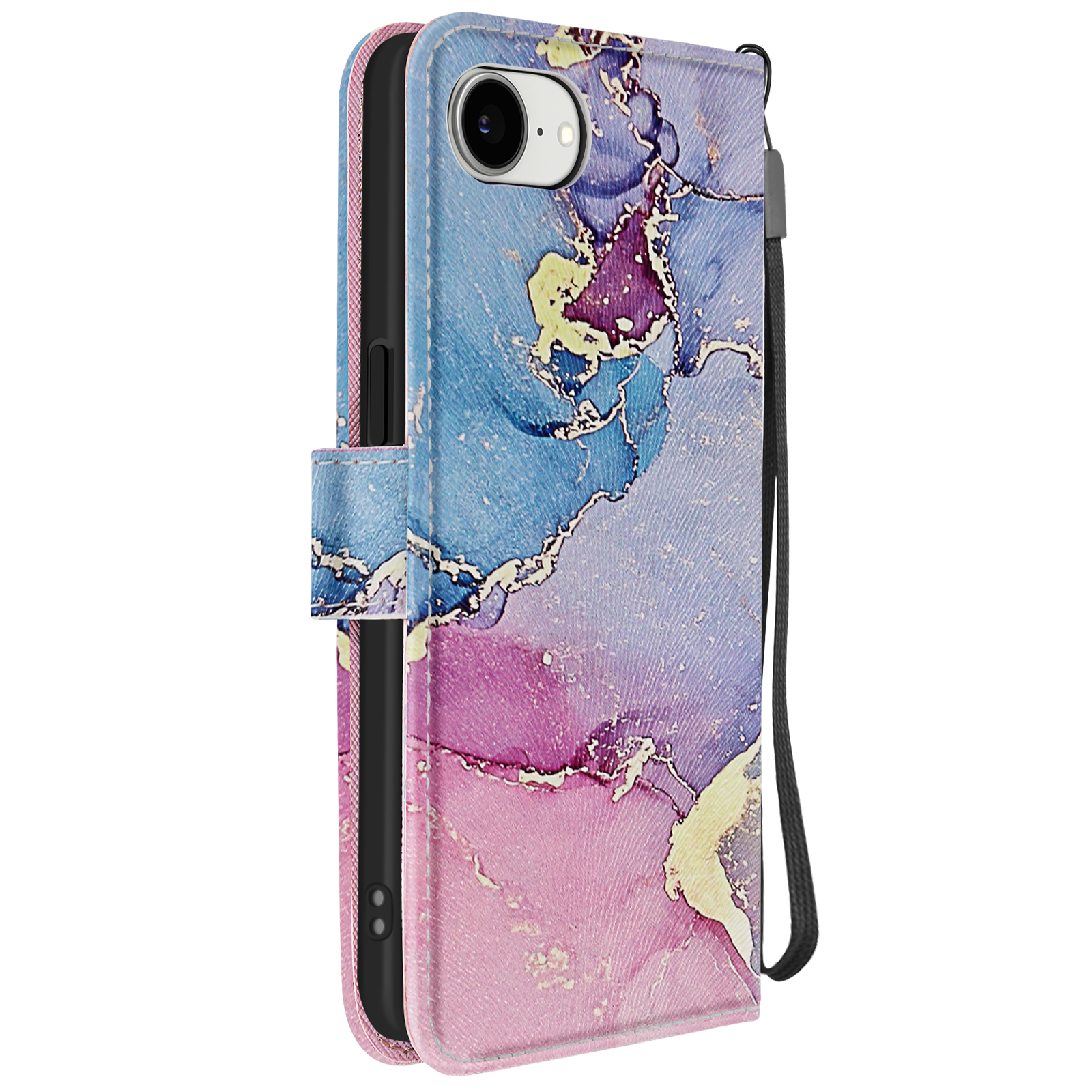 Coque de téléphone avec un design marbré bleu, rose et violet avec une caméra et une sangle noire.