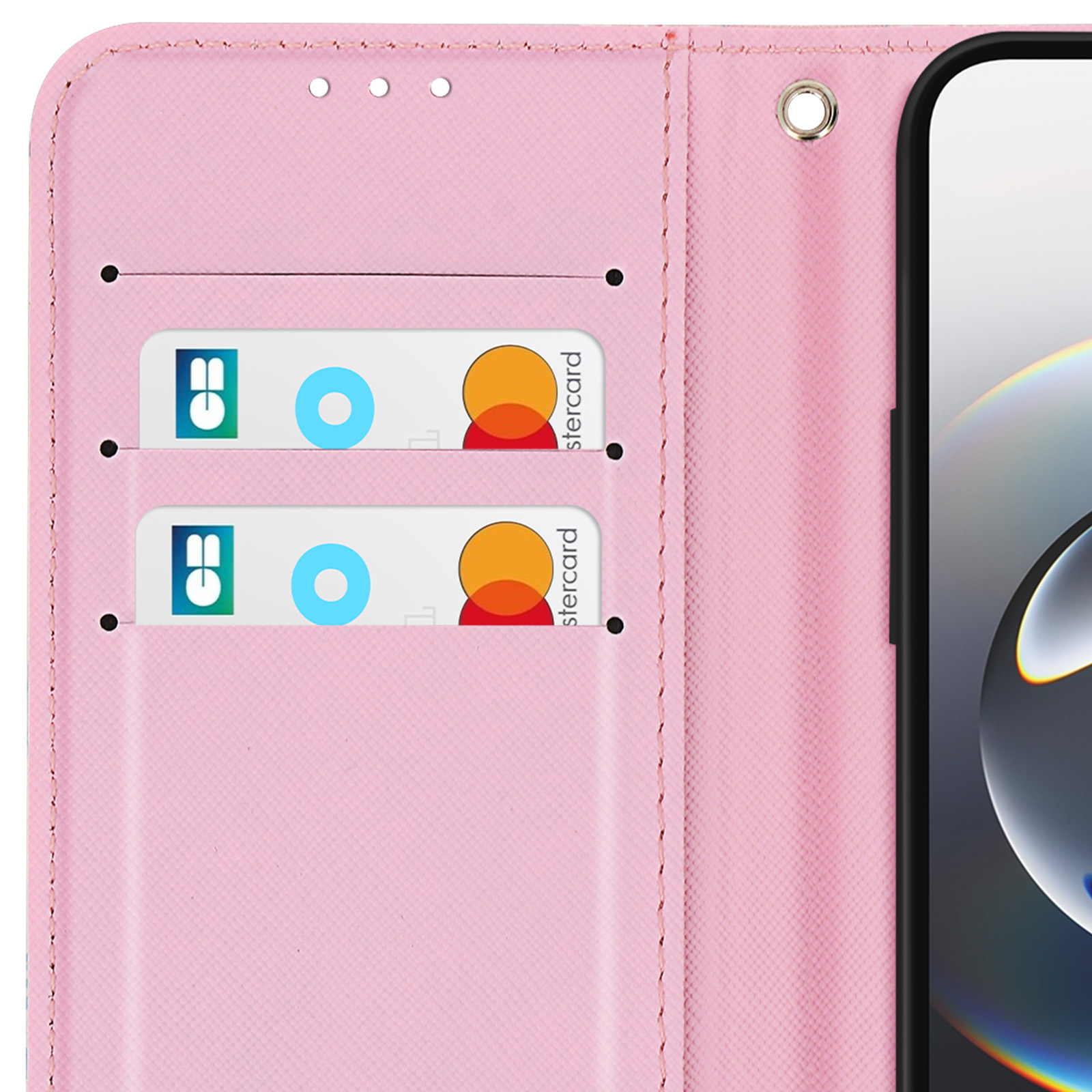 Étui de téléphone rose, ouvert, avec deux cartes de crédit visibles. L'écran du téléphone est partiellement visible.