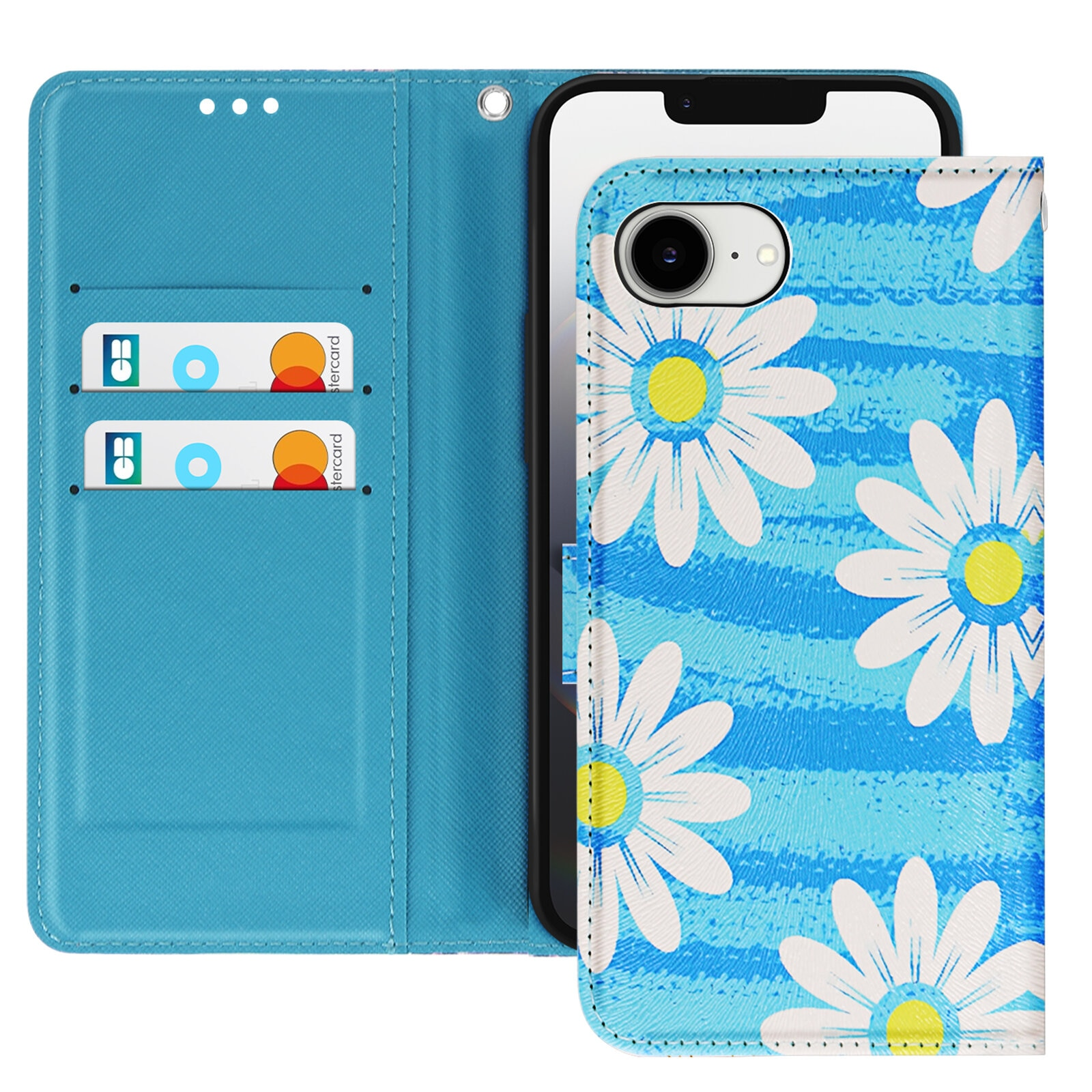 Coque de téléphone bleue avec des fleurs de marguerite blanches, deux cartes de crédit et un téléphone avec caméra visible.