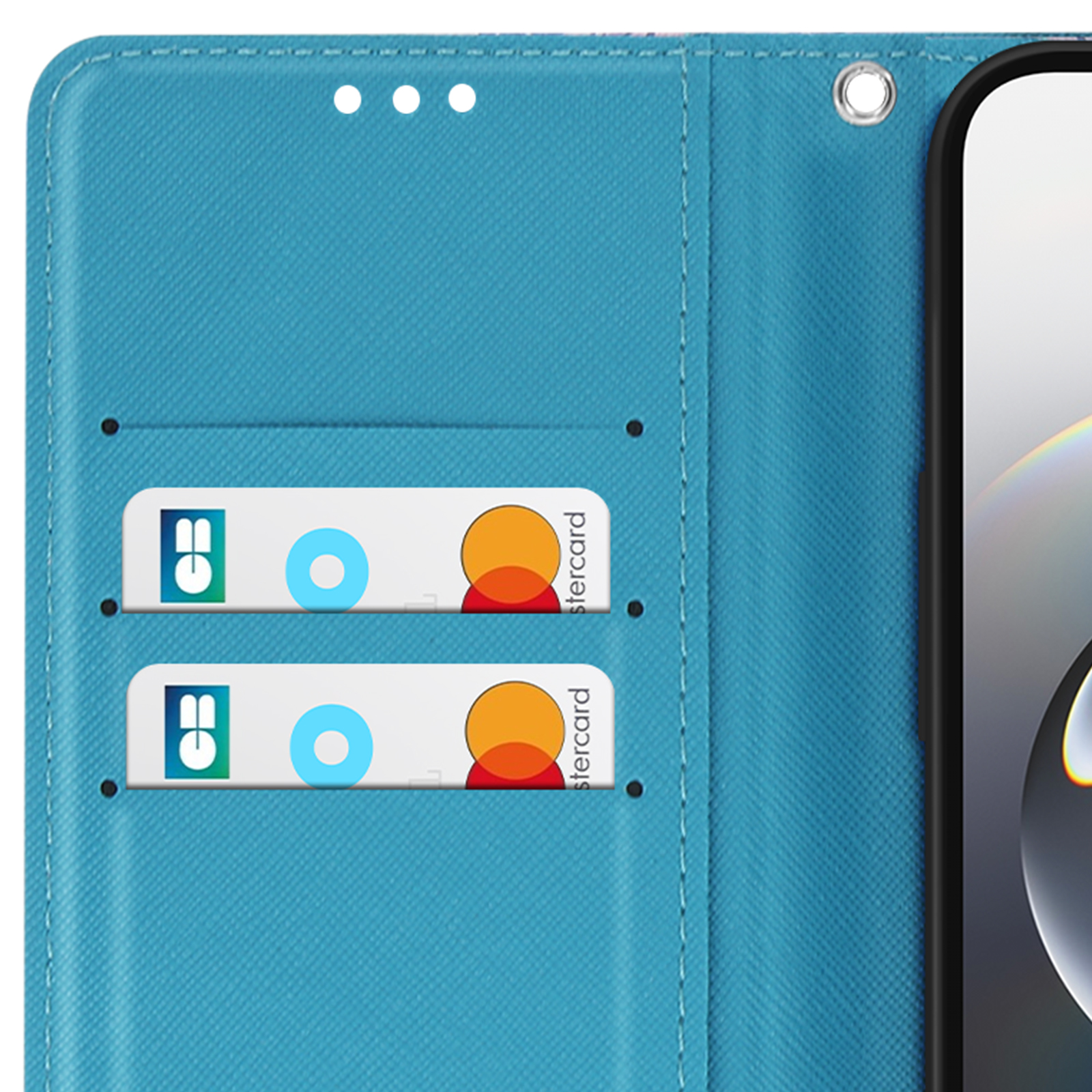 Coque de téléphone bleue ouverte, avec deux cartes de crédit visibles. Le téléphone a un écran.