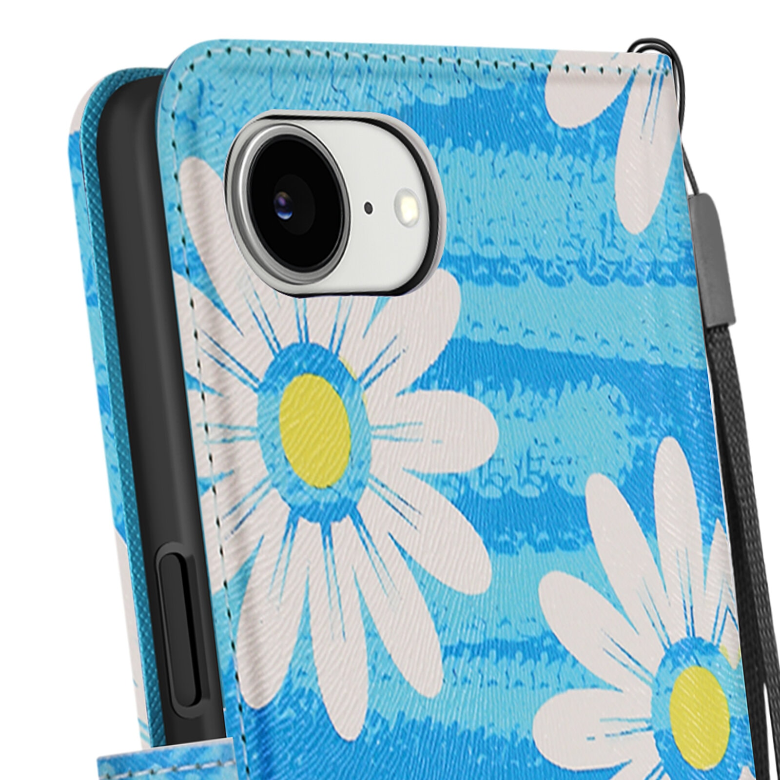 Gros plan d'une coque de téléphone avec des fleurs de marguerite blanches sur un fond rayé bleu et une caméra.