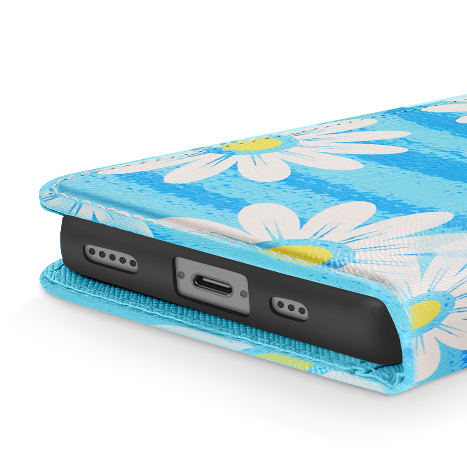 Téléphone dans un étui bleu avec des fleurs de marguerite blanches. L'étui est ouvert.