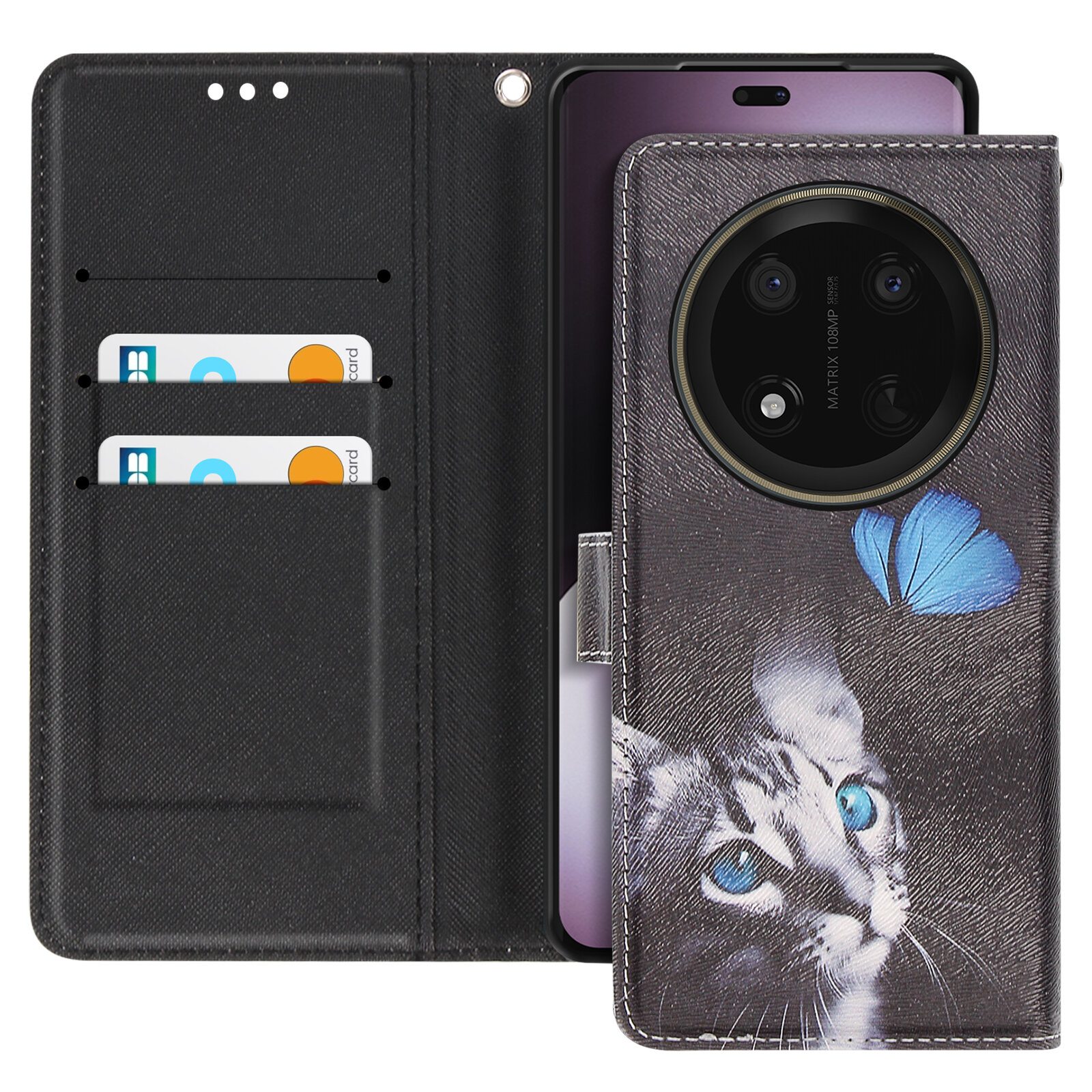 Custodia nera per telefono con grafica di gatto e scomparti per carte. Il telefono è dentro.