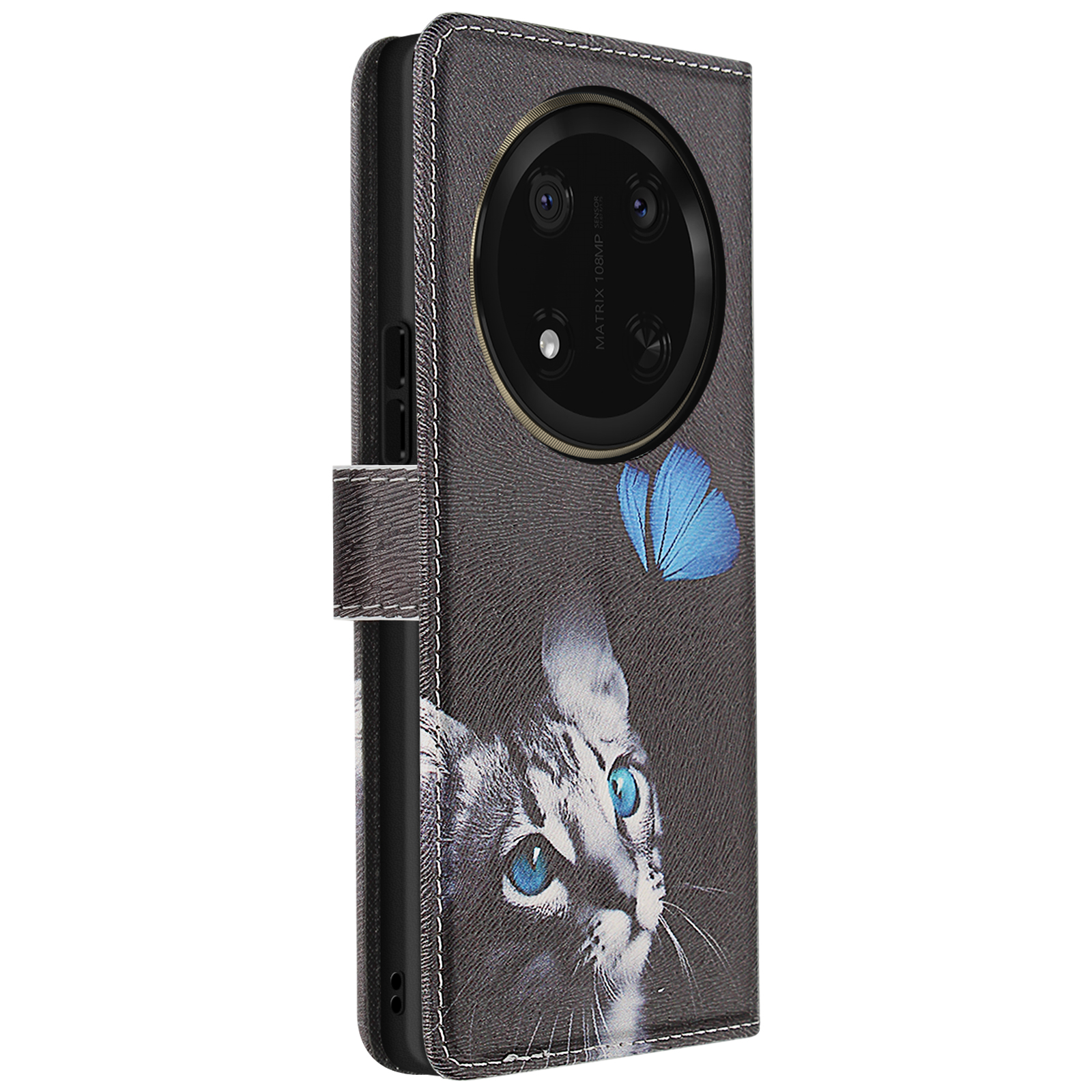 Custodia per telefono con un gatto con occhi blu e una farfalla.
