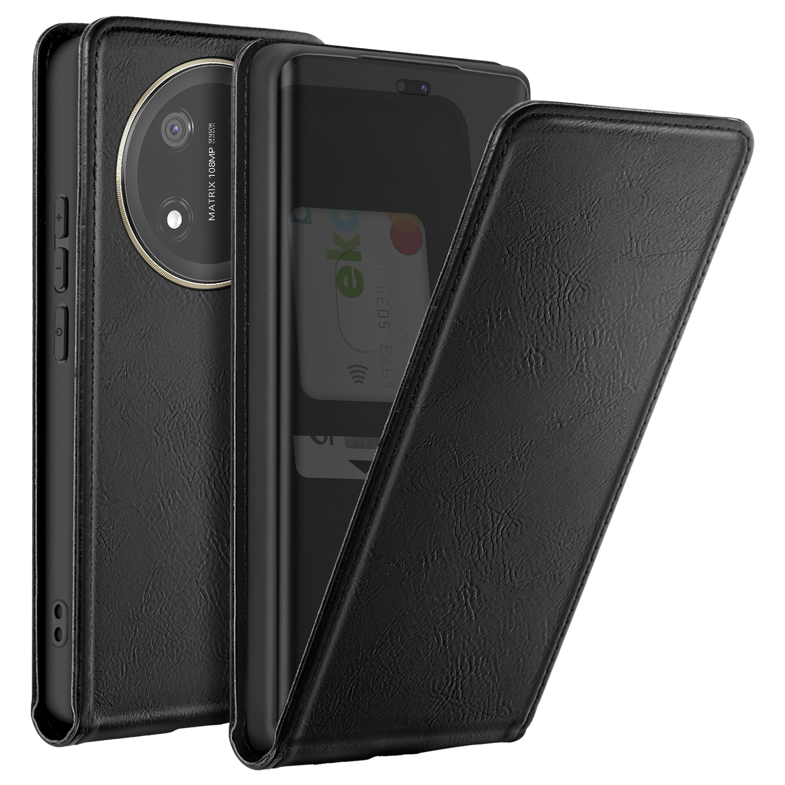 Custodia per telefono nera con telefono e slot per schede aperti. Ha uno schermo e una fotocamera.
