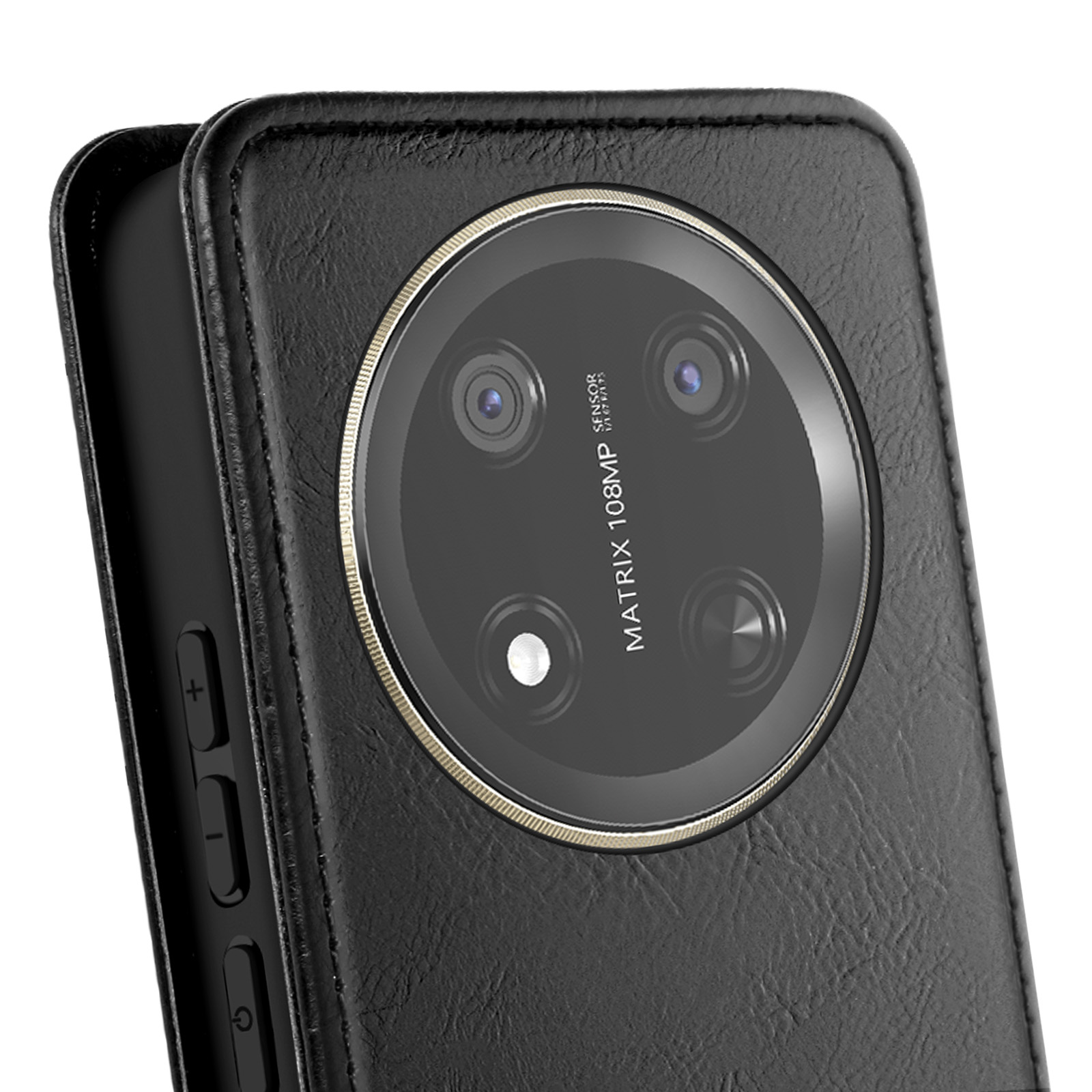 Custodia per telefono con obiettivo. La custodia è chiusa.