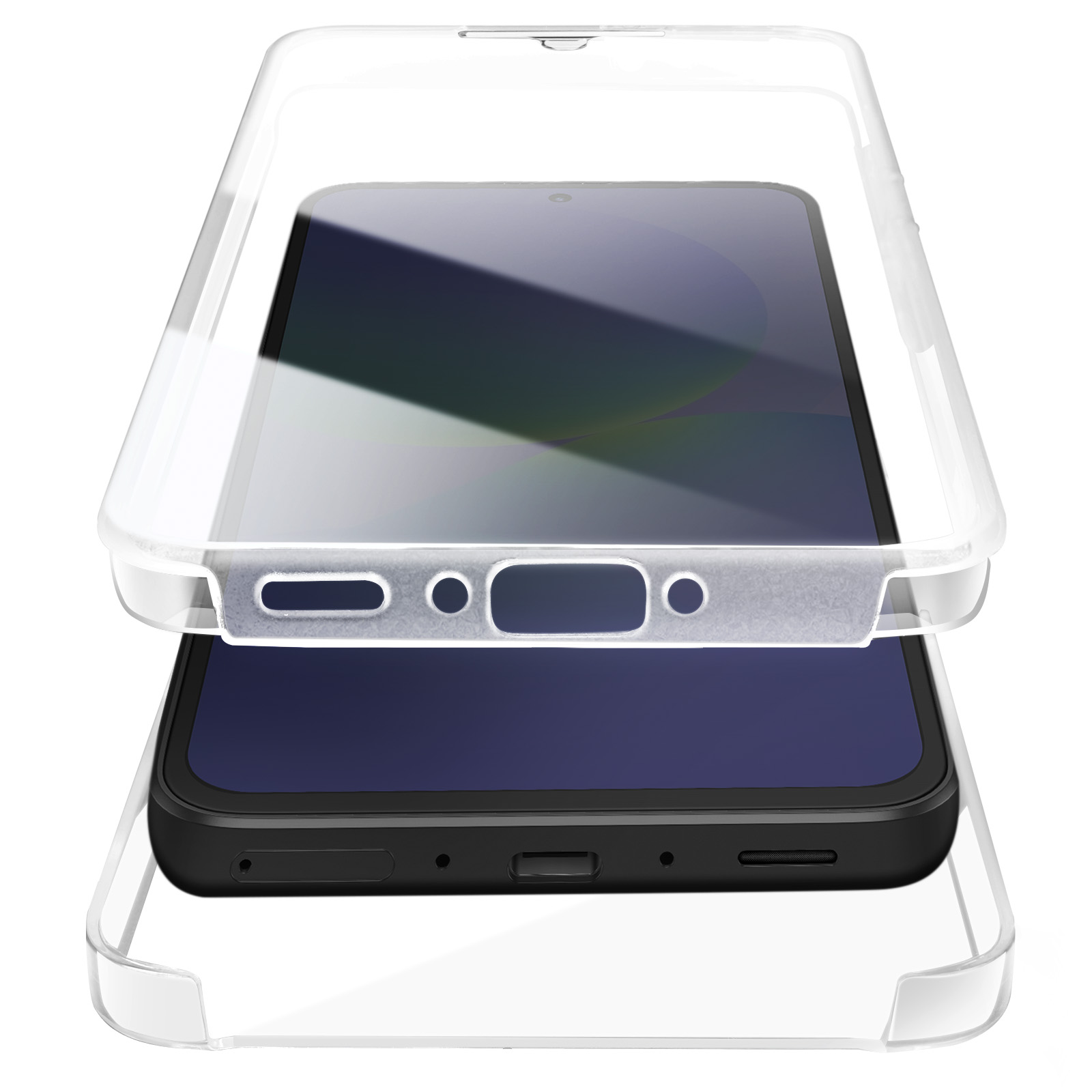 Transparante telefoonhoes, open. Telefoon met zwart scherm in de hoes.