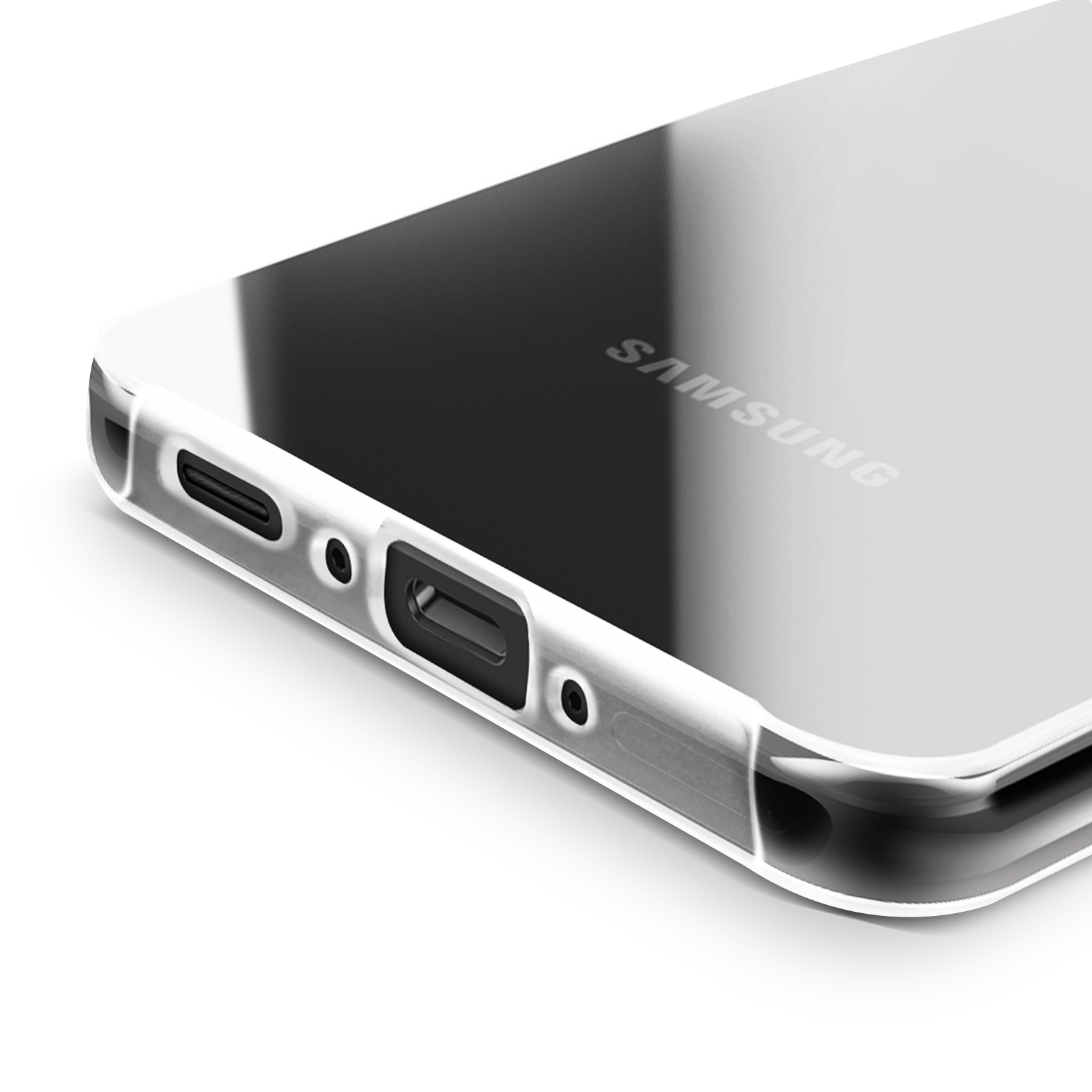 Transparante telefoonhoes met een Samsung-logo. Het onderste deel van de telefoon is zichtbaar.