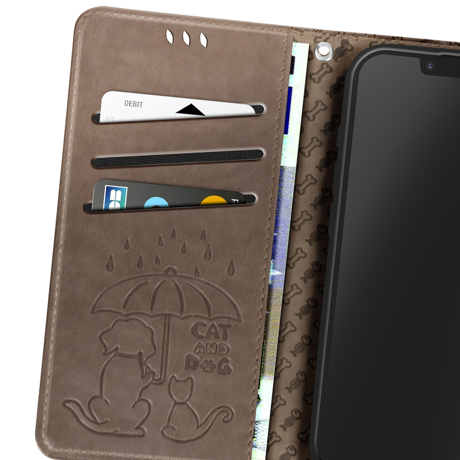 Custodia marrone per telefono con un design di cane e gatto sotto un ombrello. Include fessure per carte e un telefono.