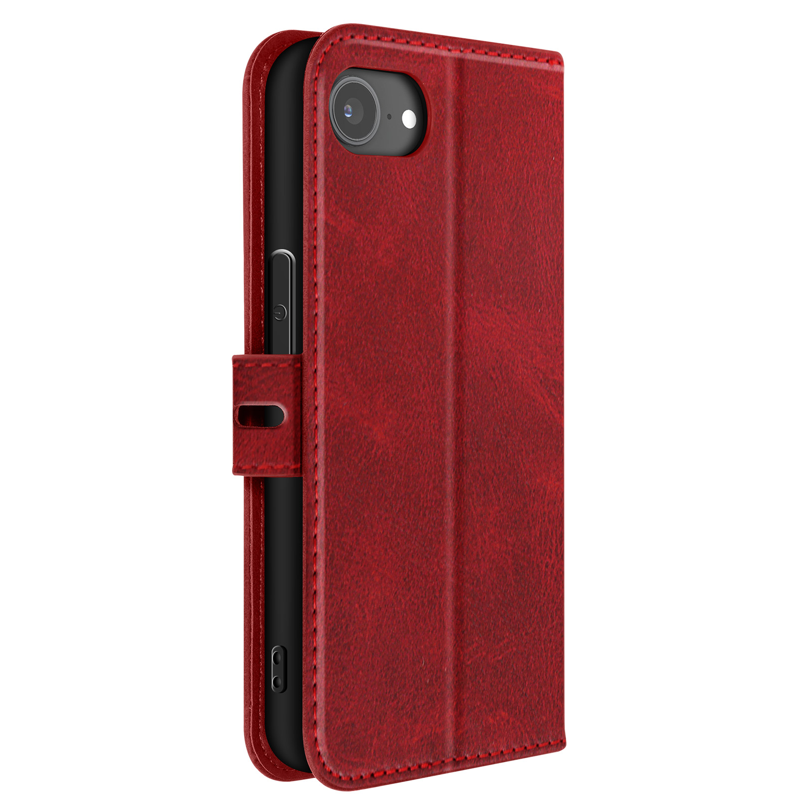 Custodia per telefono in pelle rossa, chiusa. Mostra l'obiettivo della fotocamera e una chiusura magnetica.