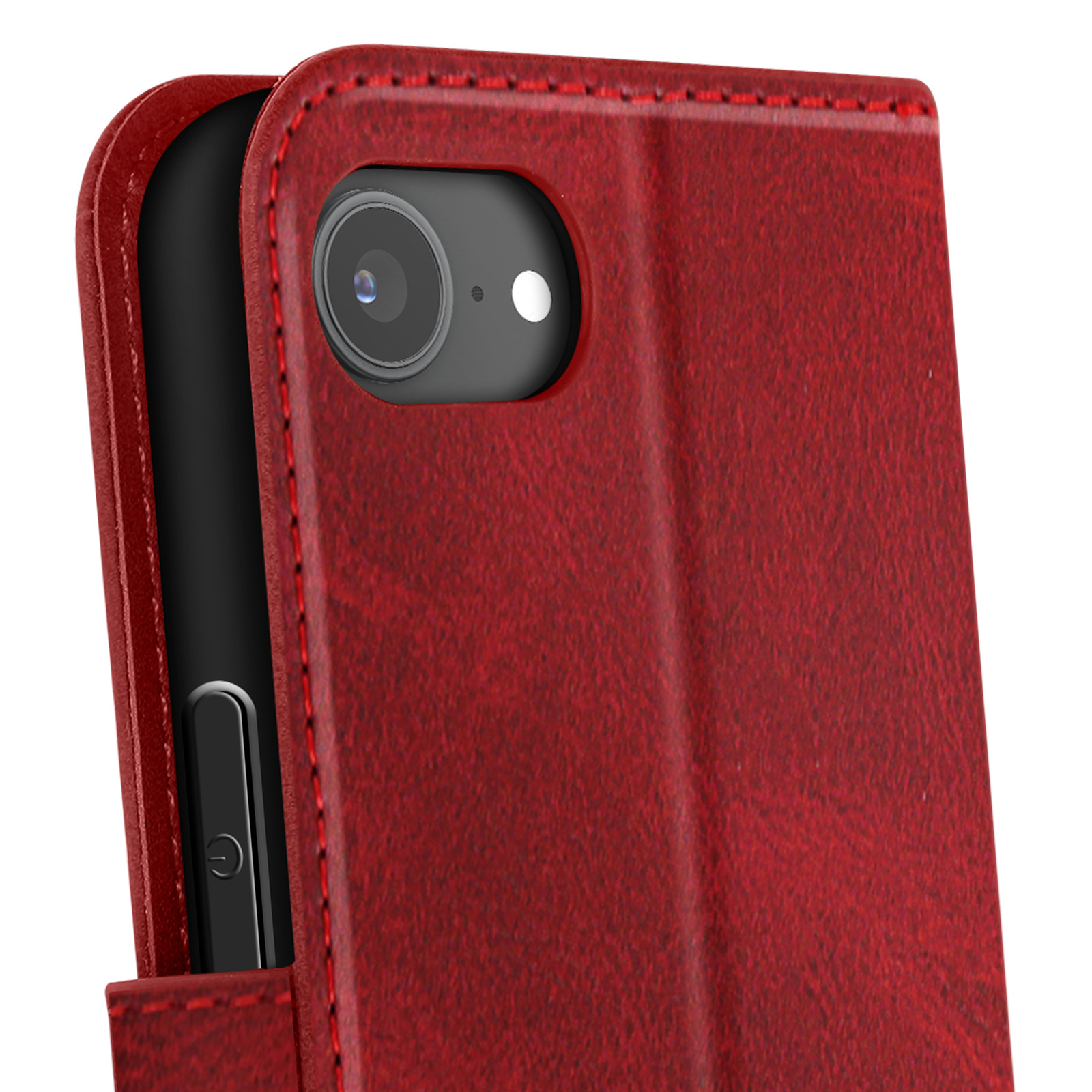 Custodia per telefono rossa, aperta, con un telefono all'interno. La fotocamera è visibile.