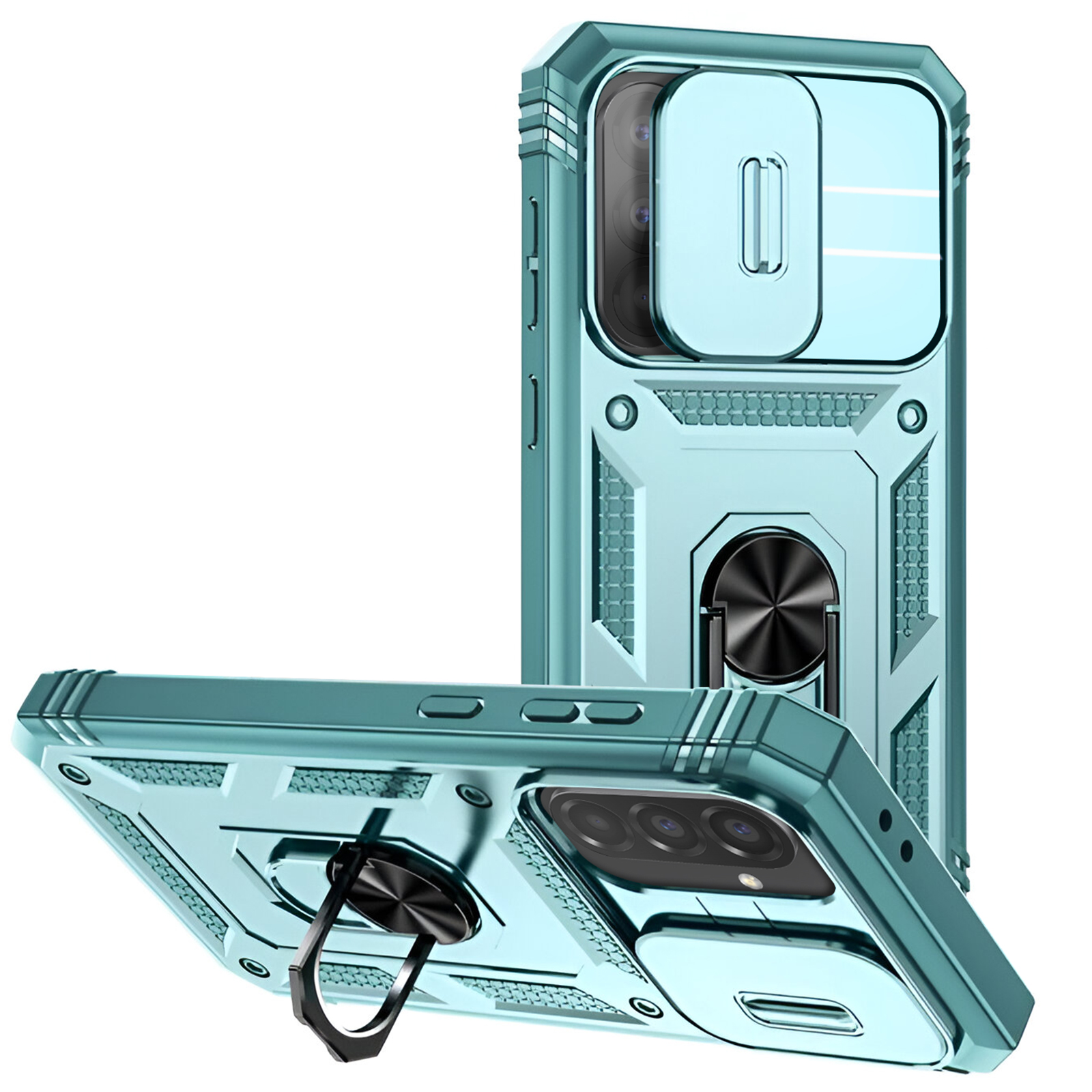Custodia per telefono blu con supporto ad anello e copertura fotocamera. La custodia è angolata.