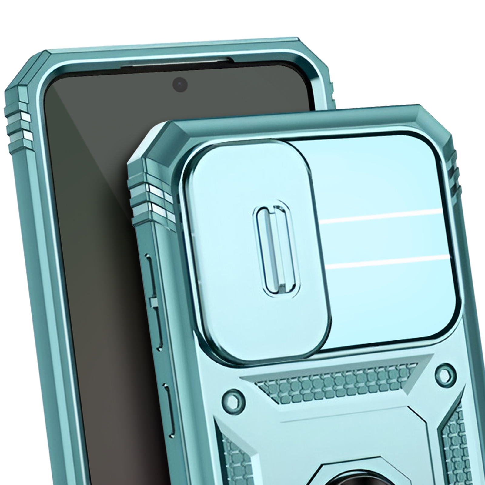 Primo piano di una custodia per telefono con una copertura per la fotocamera. La custodia è verde acqua con un supporto ad anello.