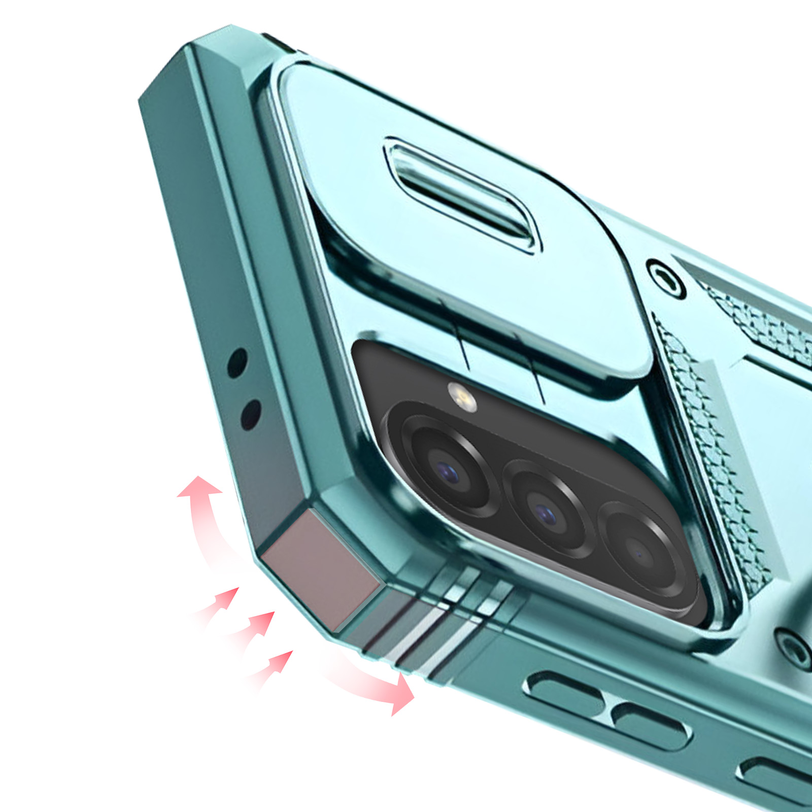 Primo piano di una custodia per telefono verde acqua, che mostra la fotocamera e alcune prese d'aria.