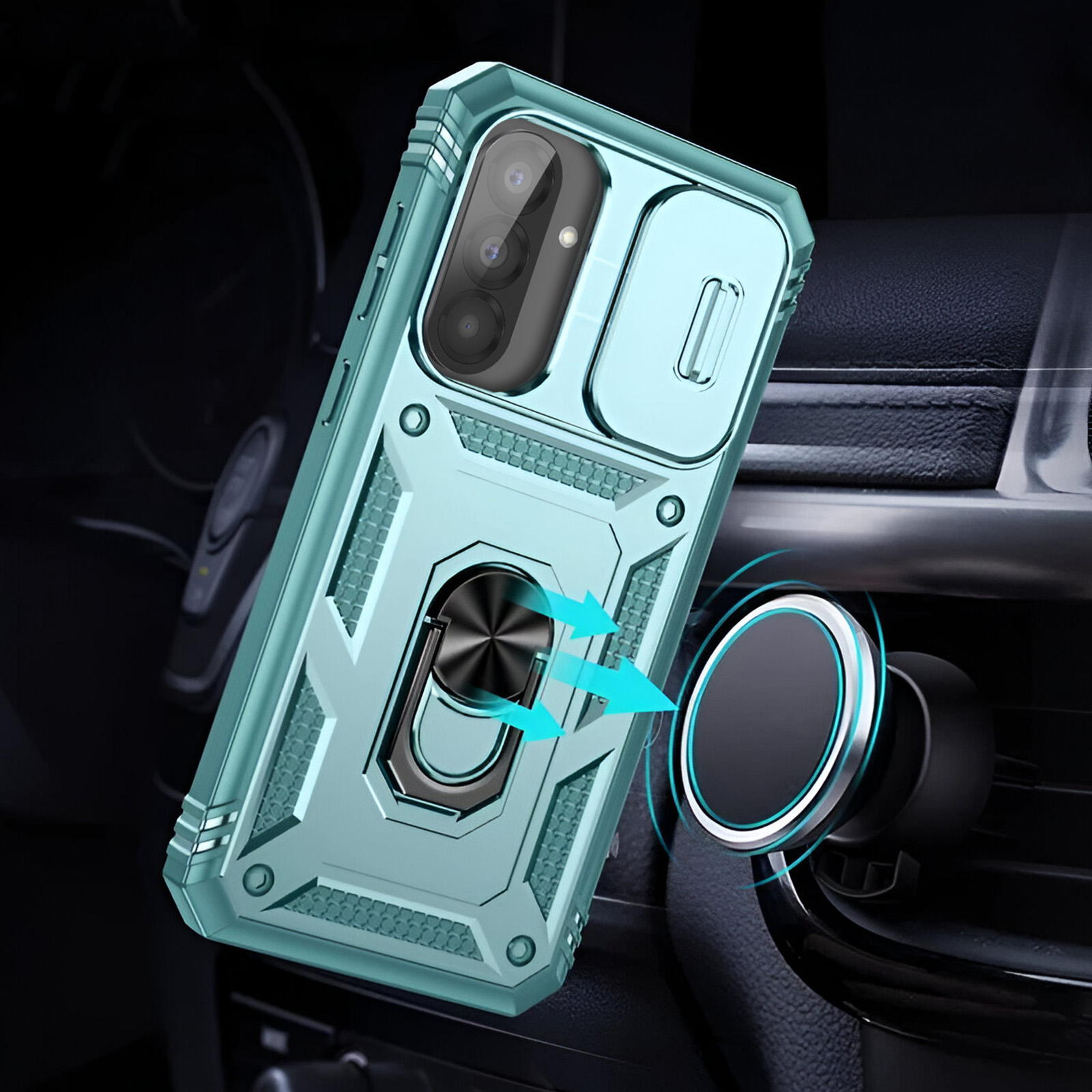 Custodia per telefono blu con supporto ad anello, montata su una presa d'aria dell'auto.