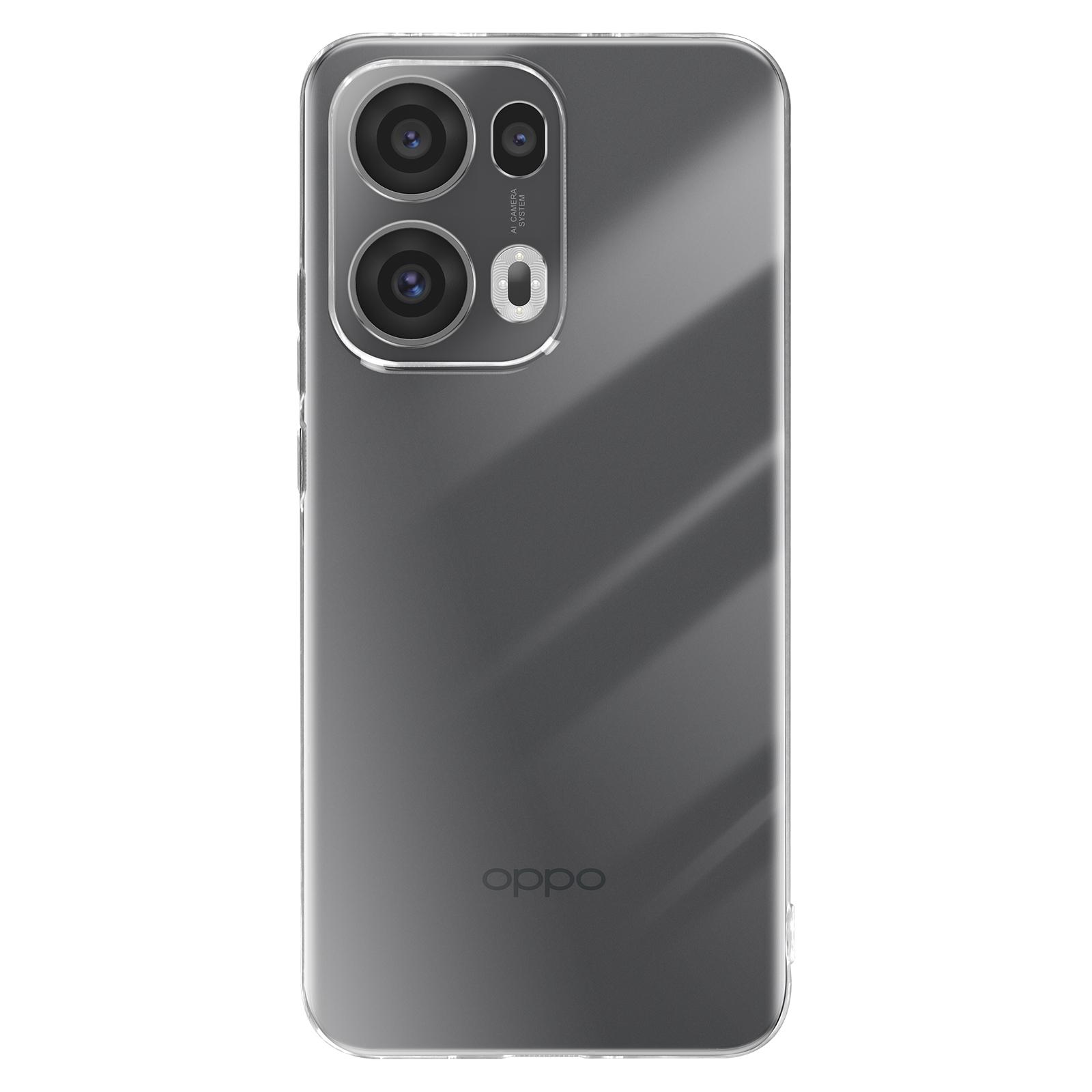Una custodia trasparente su un telefono nero, con il logo Oppo.