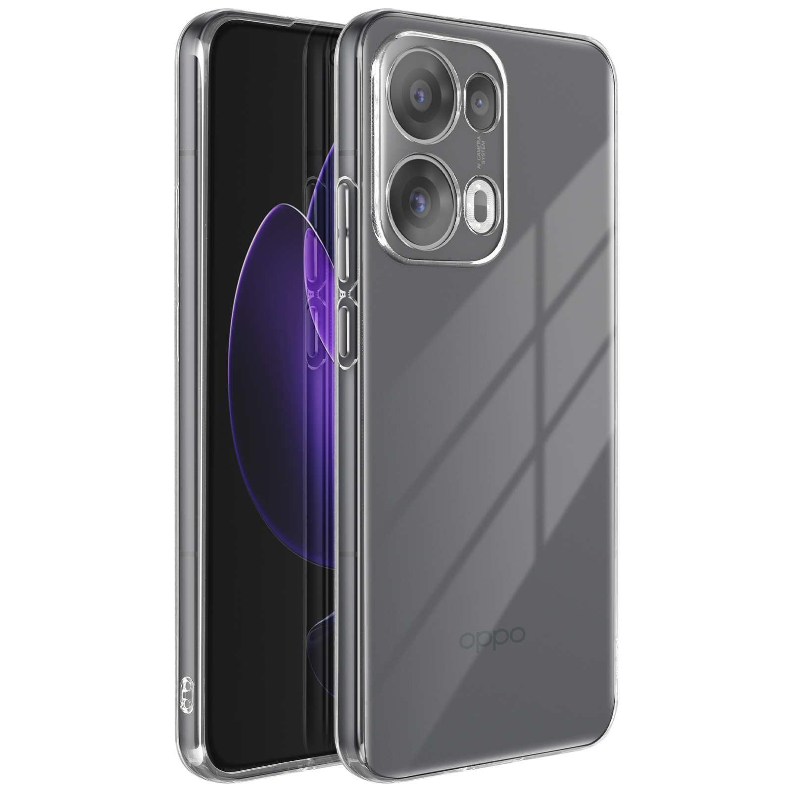 Custodia trasparente per telefono su un telefono. Il logo Oppo è visibile. Lo sfondo è bianco.